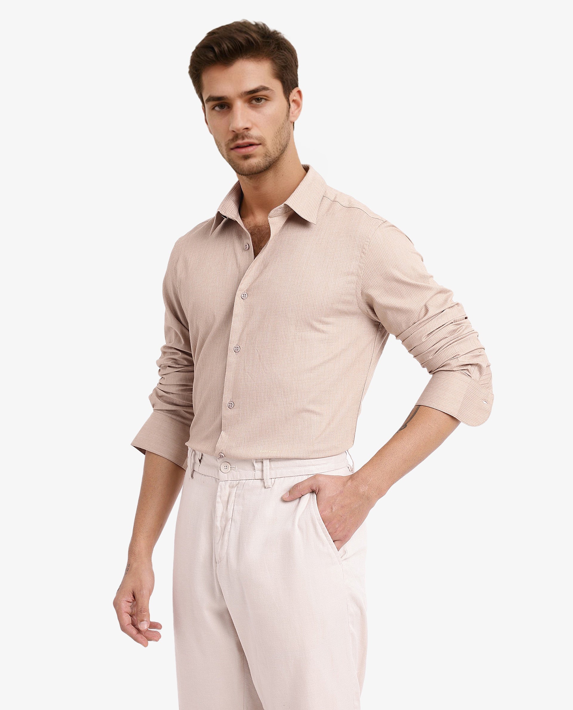 Rare Rabbit Men's Auxon Khaki Polyester Cotton Fabric Blend Full Sleeve Regular Fit Solid Textured Shirt