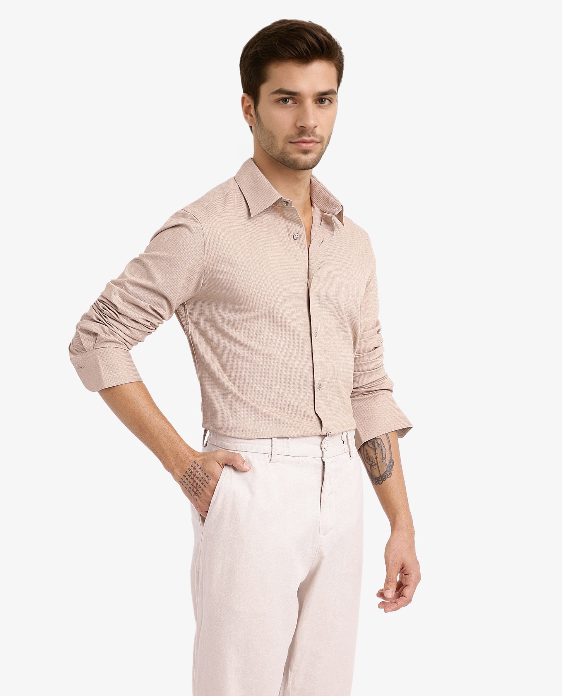 Rare Rabbit Men's Auxon Khaki Polyester Cotton Fabric Blend Full Sleeve Regular Fit Solid Textured Shirt