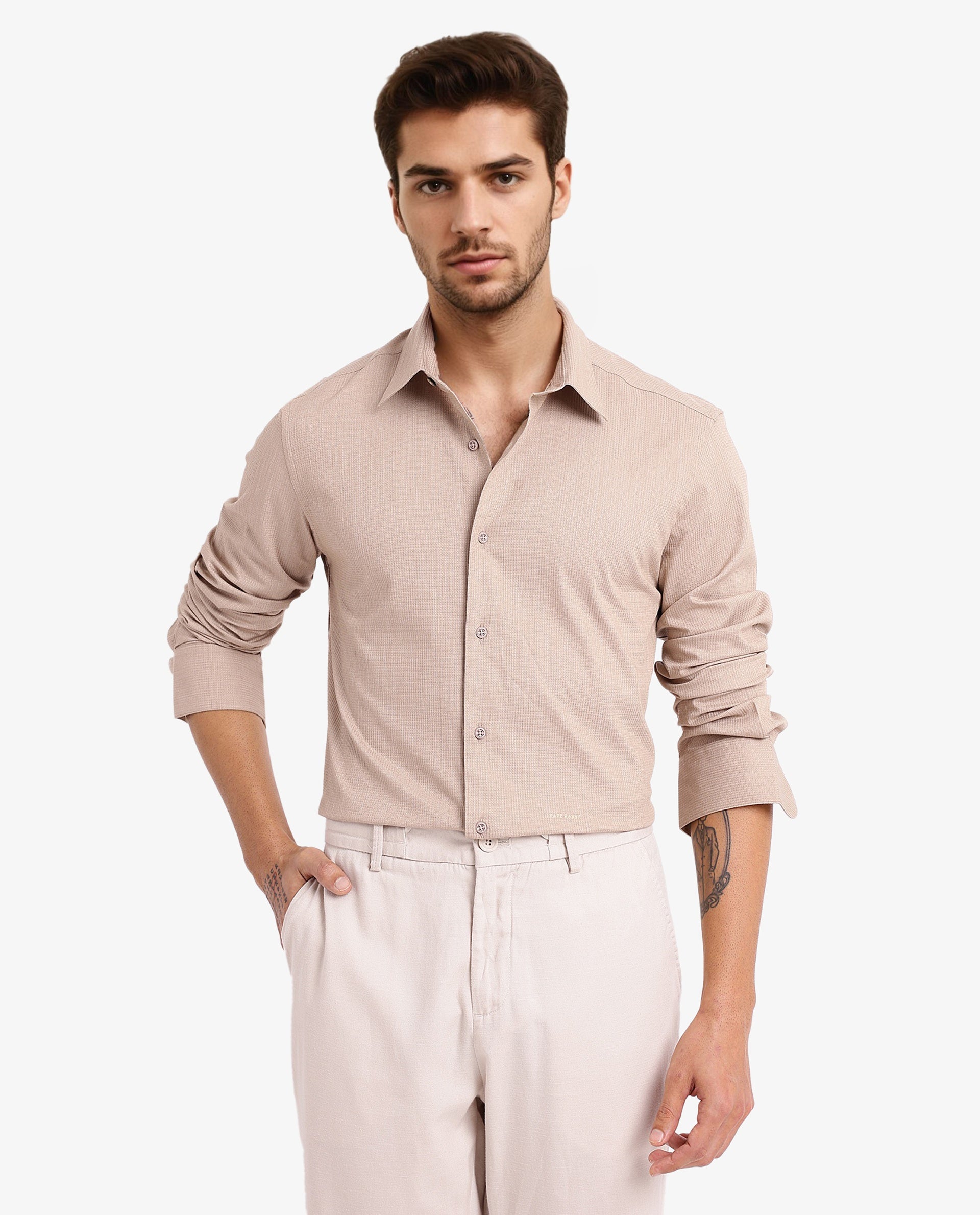 Rare Rabbit Men's Auxon Khaki Polyester Cotton Fabric Blend Full Sleeve Regular Fit Solid Textured Shirt