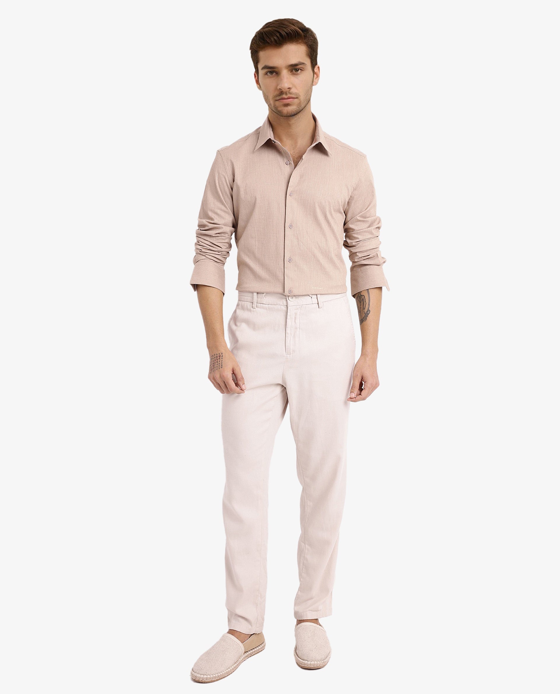 Rare Rabbit Men's Auxon Khaki Polyester Cotton Fabric Blend Full Sleeve Regular Fit Solid Textured Shirt