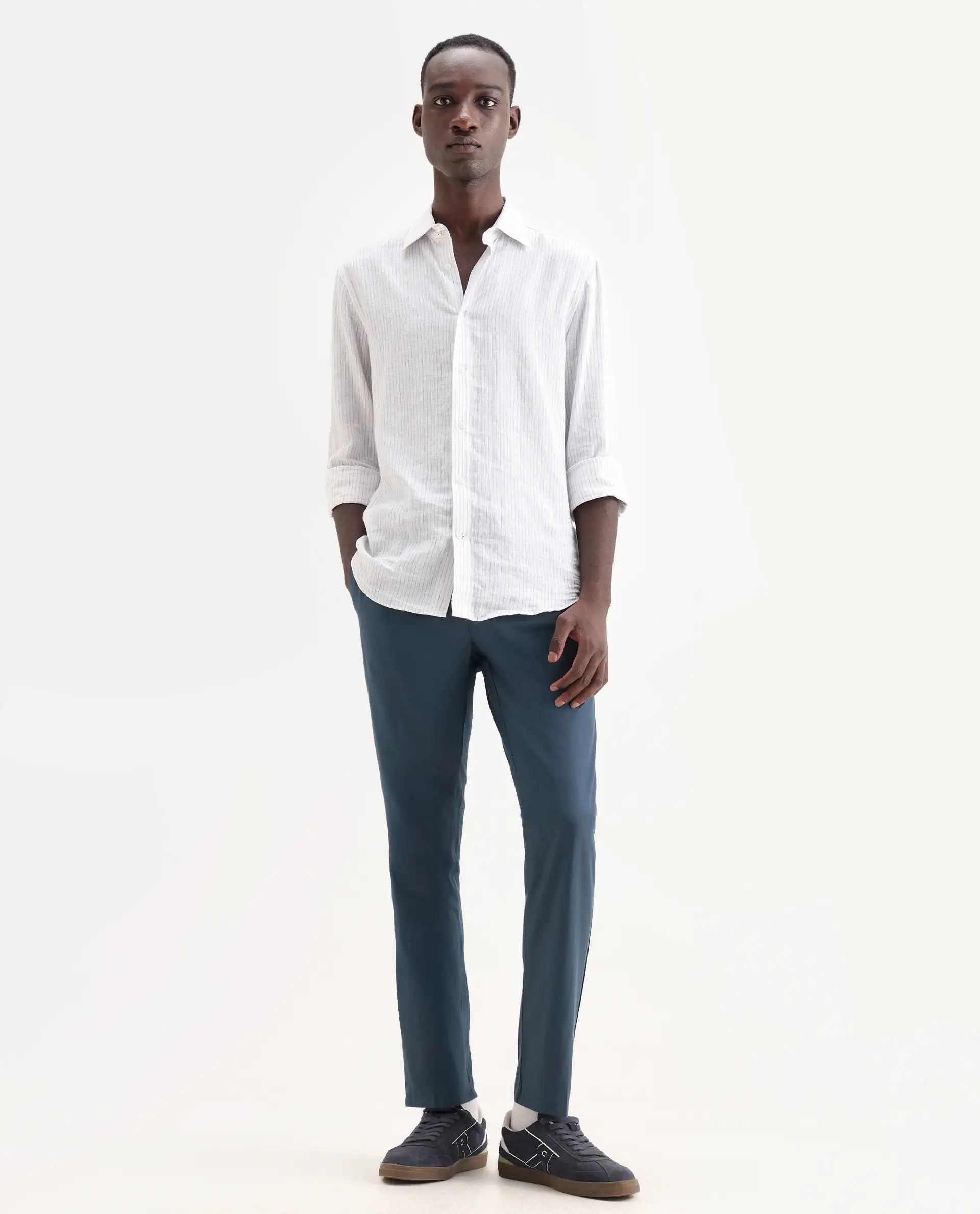 Rare Rabbit Men's Aux Green Polyester Plain Regular Fit Trouser