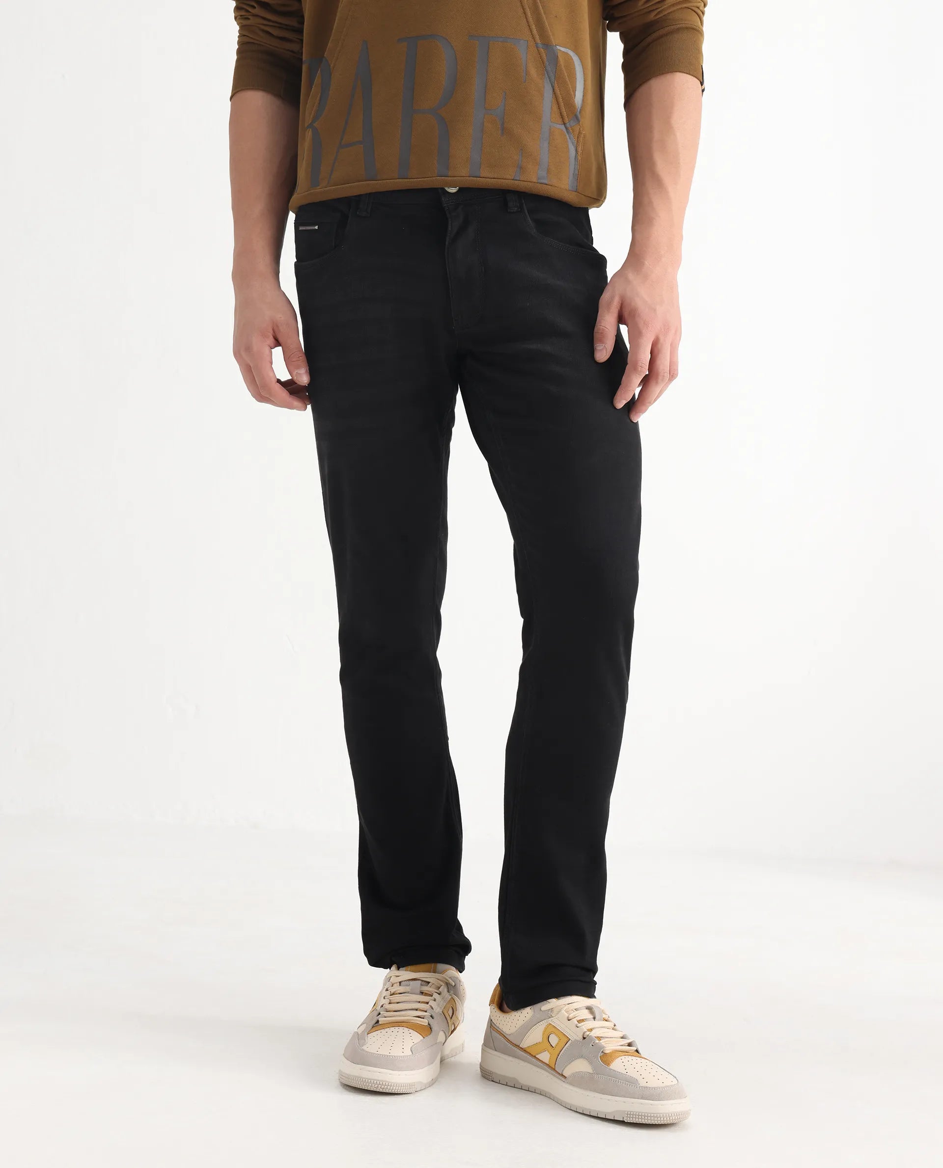 Rare Rabbit Men's Avenue Black Cotton Plain Hawk Slim Fit Jeans