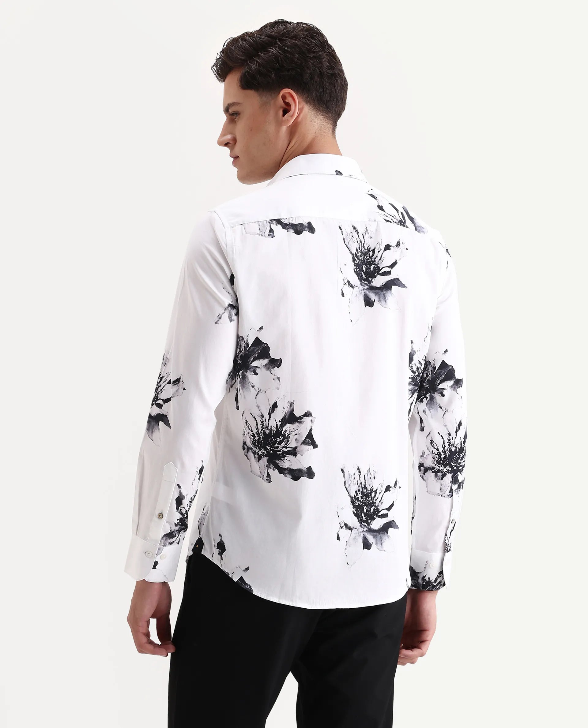 Rare Rabbit Men's Aver White Cotton Fabric Collared Neck Regular Fit Floral Print Shirt