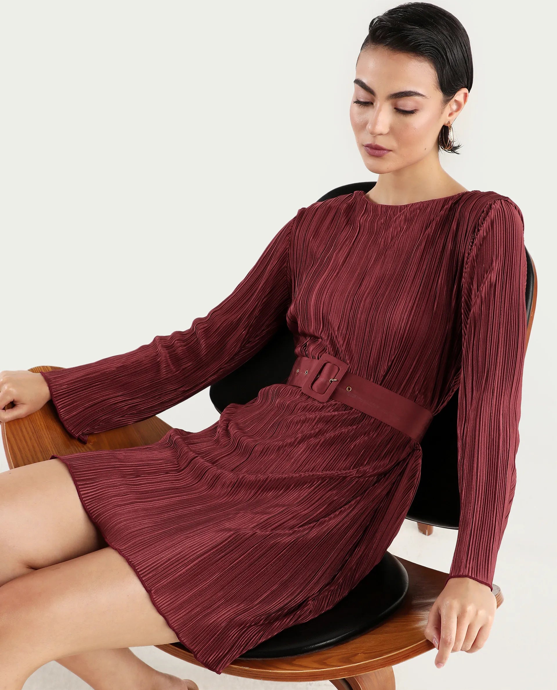 Rareism Women's Averna Brown Polyester Boat Neck Plain Mini Straight Fit Dress