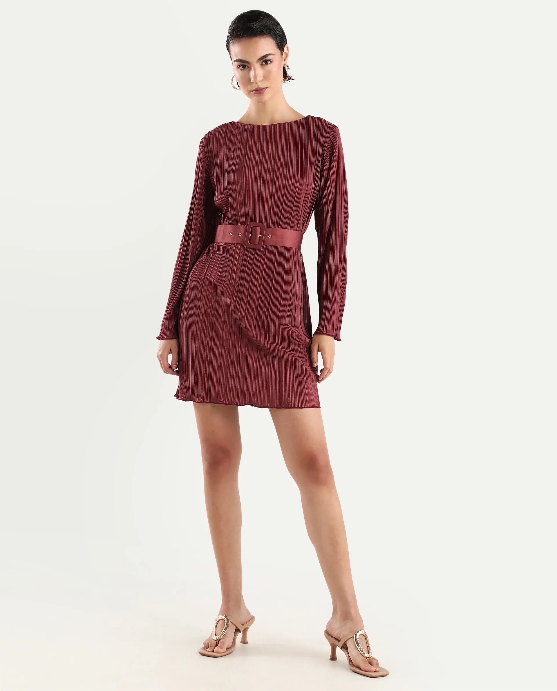 Rareism Women's Averna Brown Polyester Boat Neck Plain Mini Straight Fit Dress