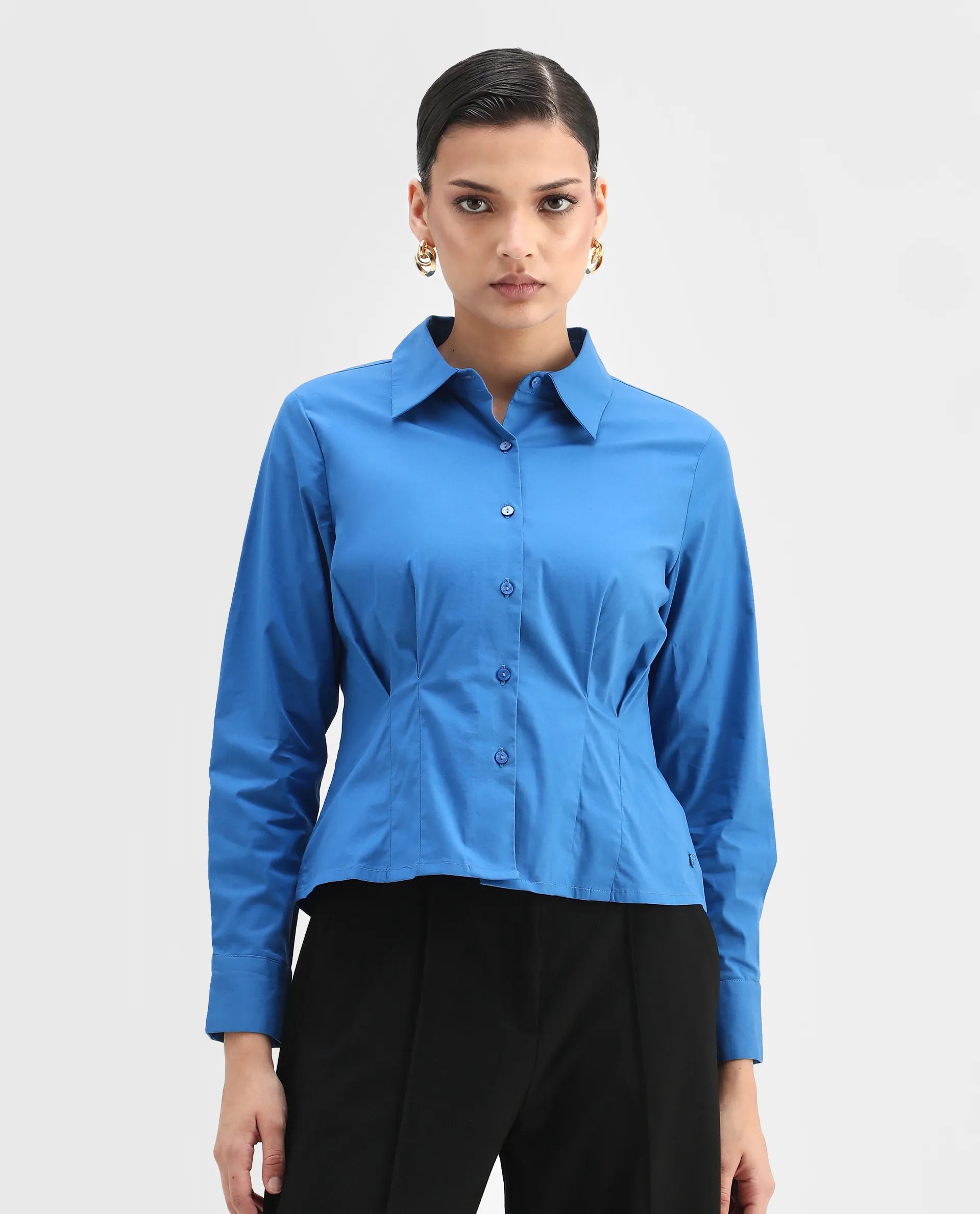 Rareism Women's Avica Blue Cotton Blend Drop Collar Plain Cuffed Sleeve Regular Fit Shirt