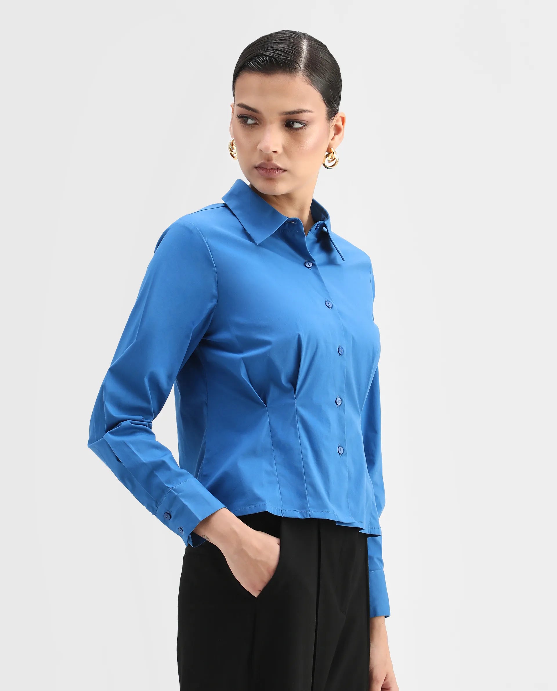 Rareism Women's Avica Blue Cotton Blend Drop Collar Plain Cuffed Sleeve Regular Fit Shirt
