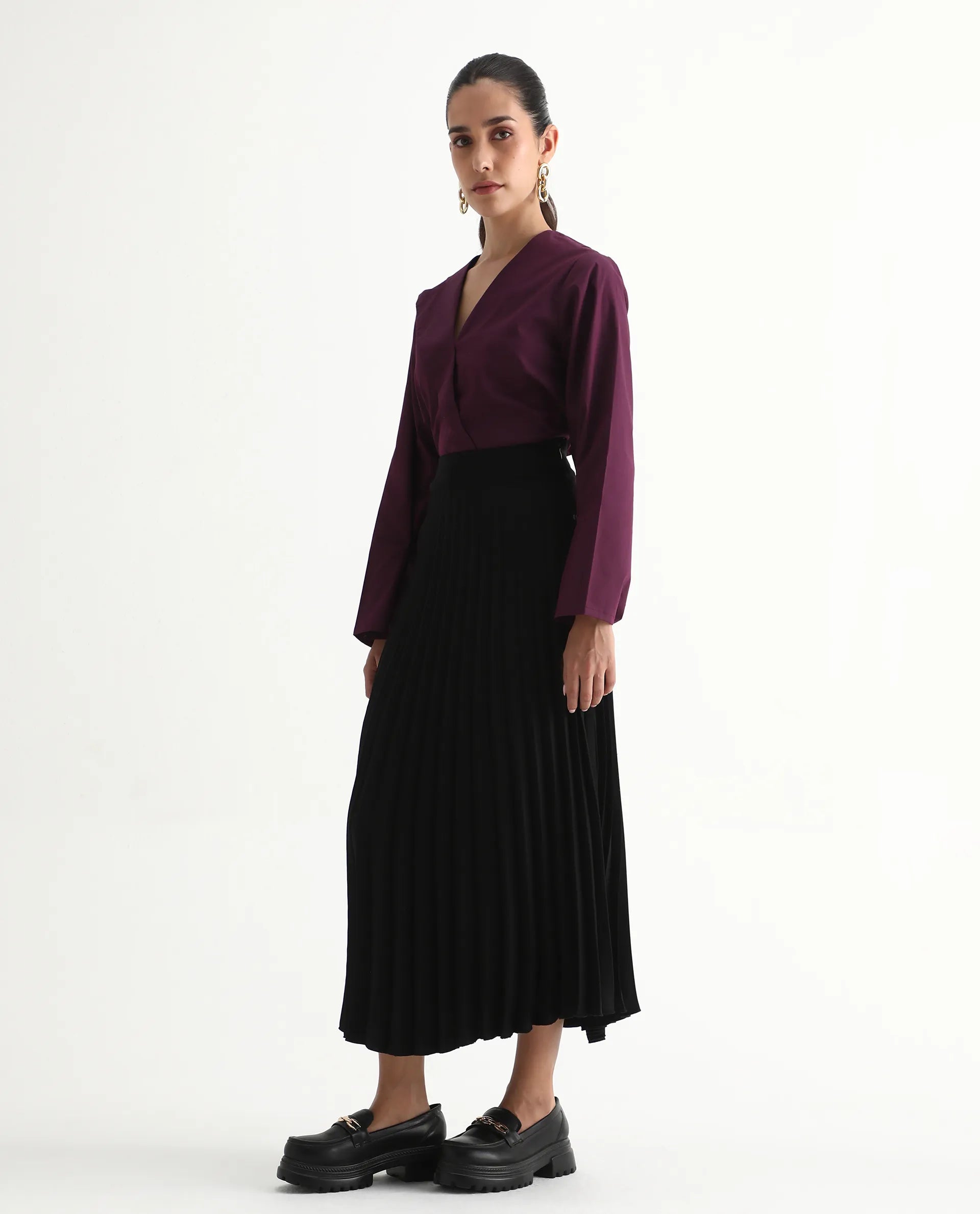 Rareism Women's Avid Black Polyester Flared Skirt