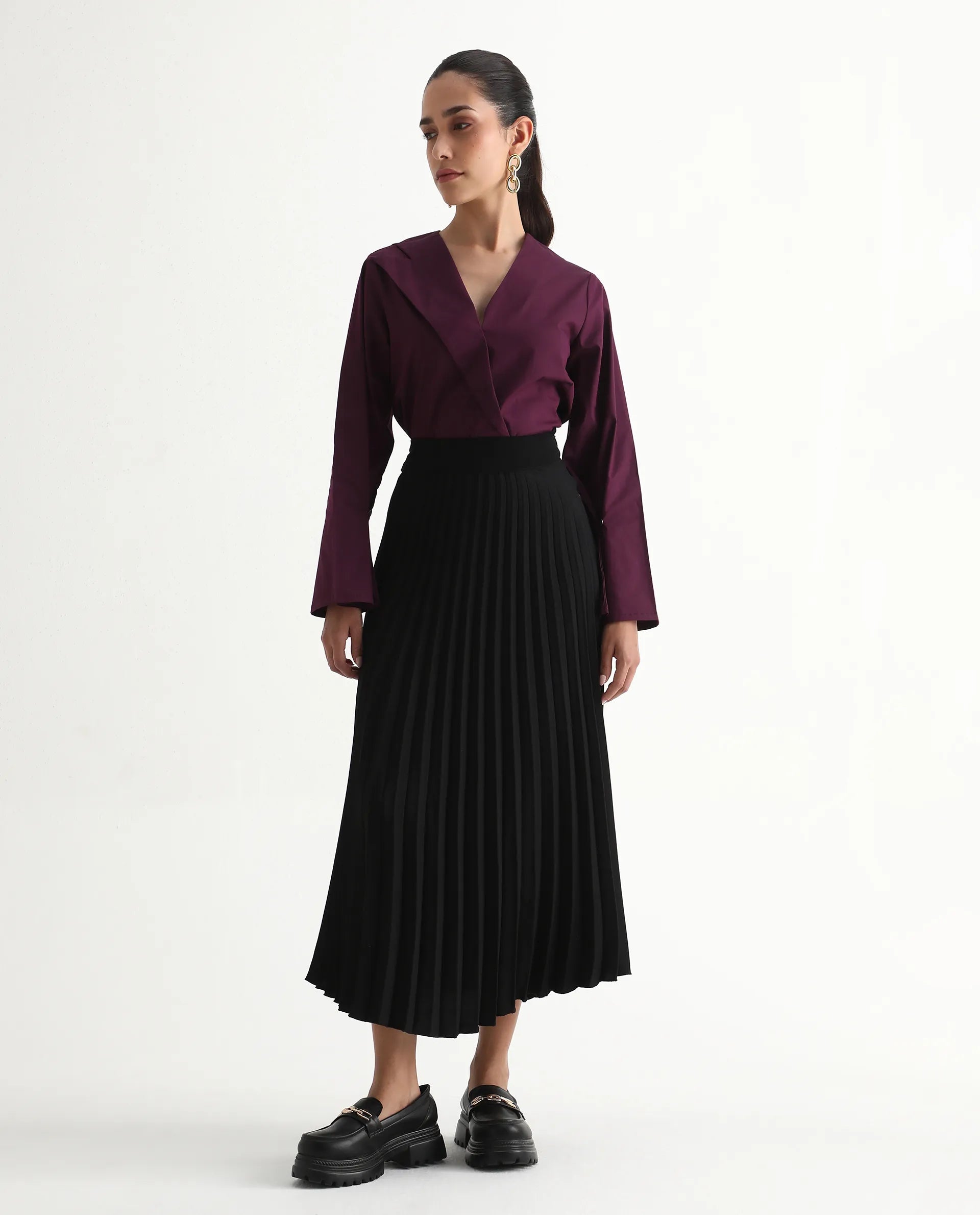 Rareism Women's Avid Black Polyester Flared Skirt