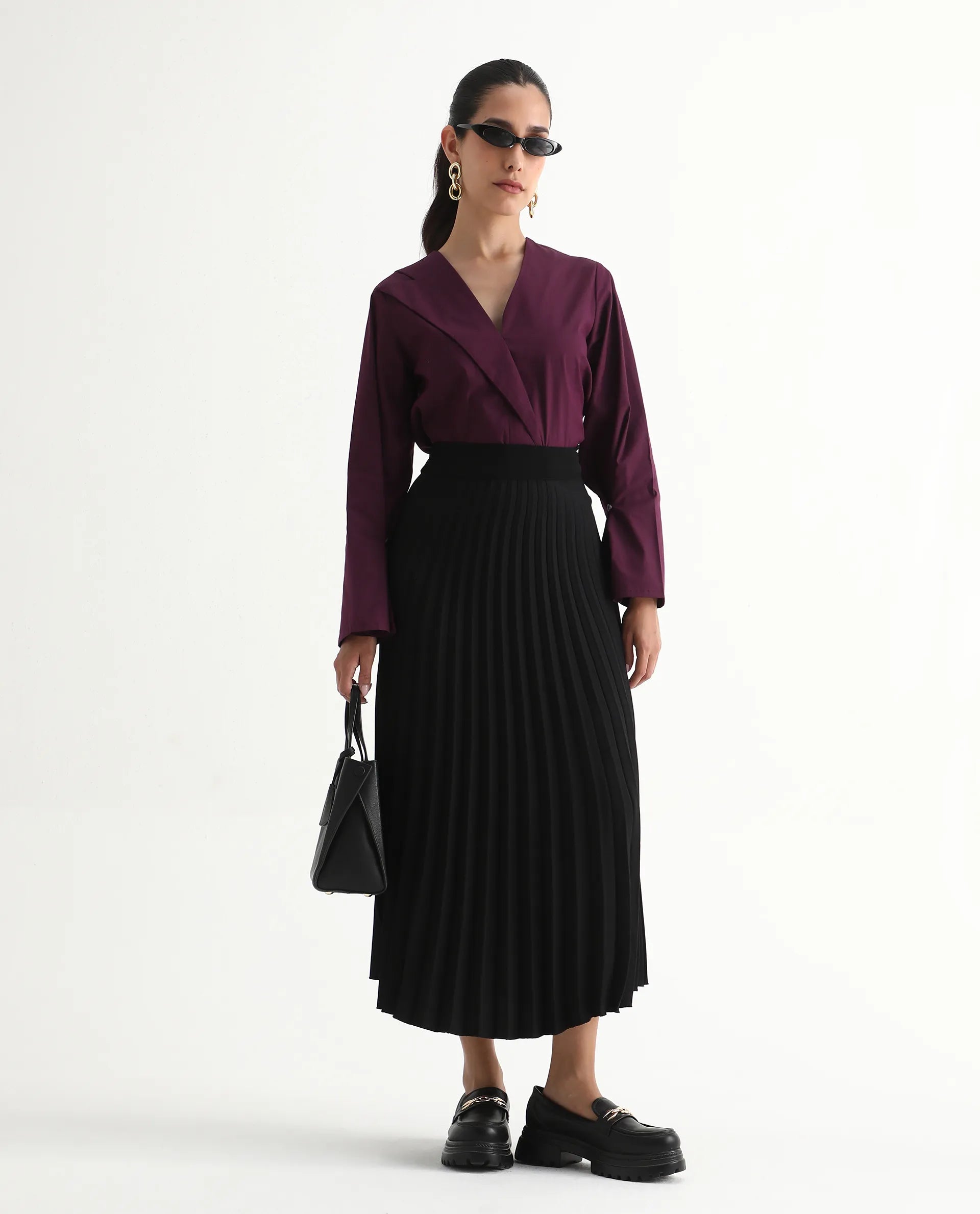 Rareism Women's Avid Black Polyester Flared Skirt