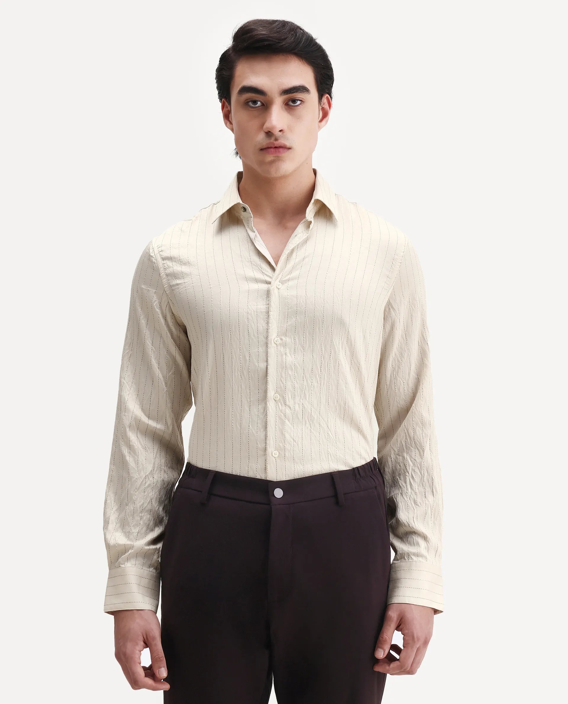 Rare Rabbit Men's Avid White Viscose Fabric Spread Collar Regular Fit Striped Shirt
