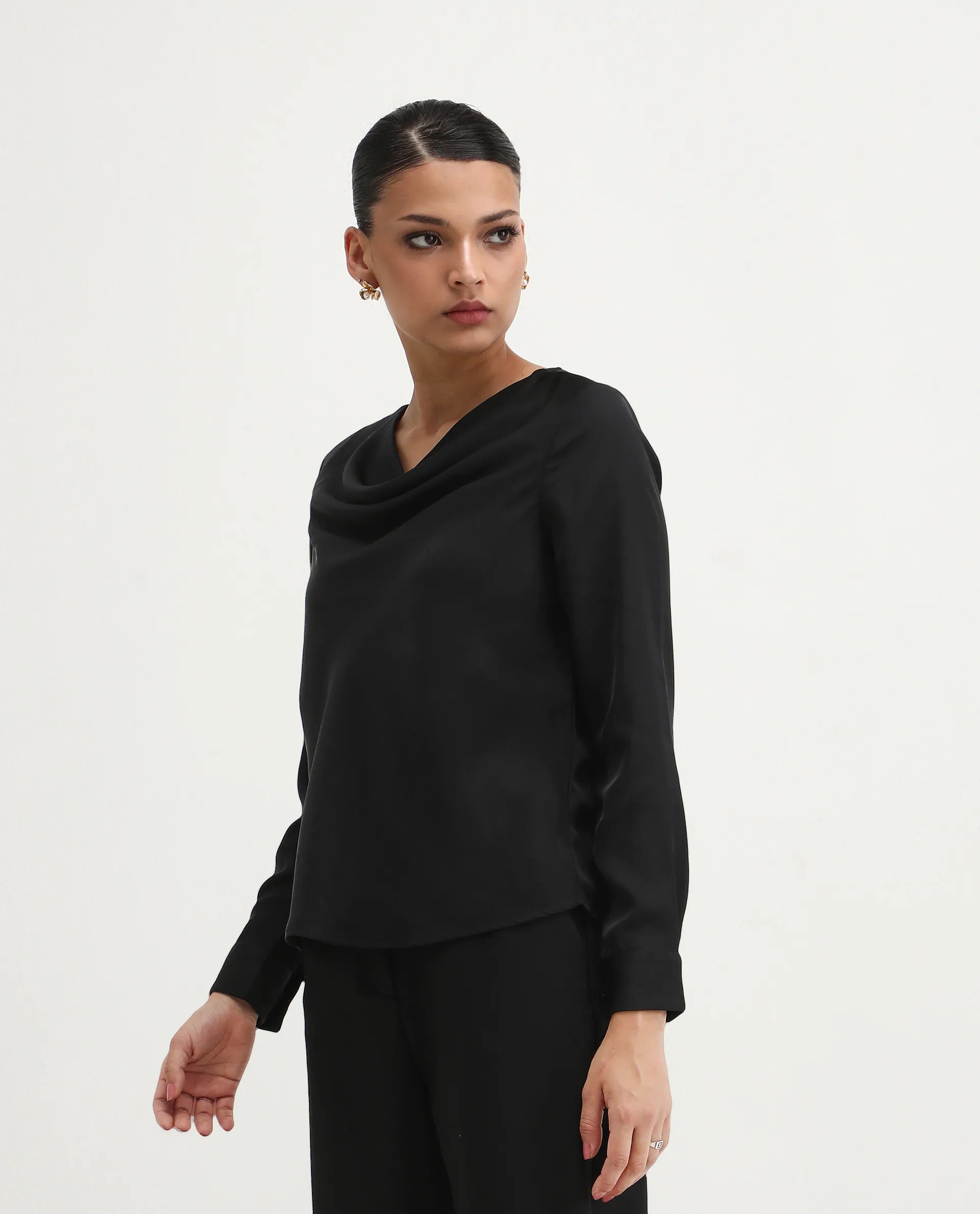 Rareism Women's Avier Black Polyester Cowl Neck Regular Fit Plain Top