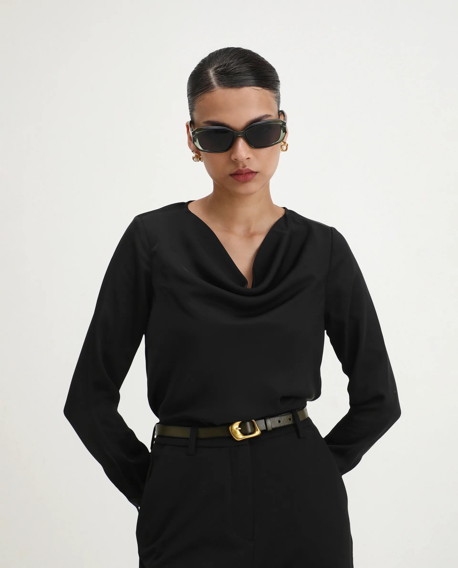 Rareism Women's Avier Black Polyester Cowl Neck Regular Fit Plain Top