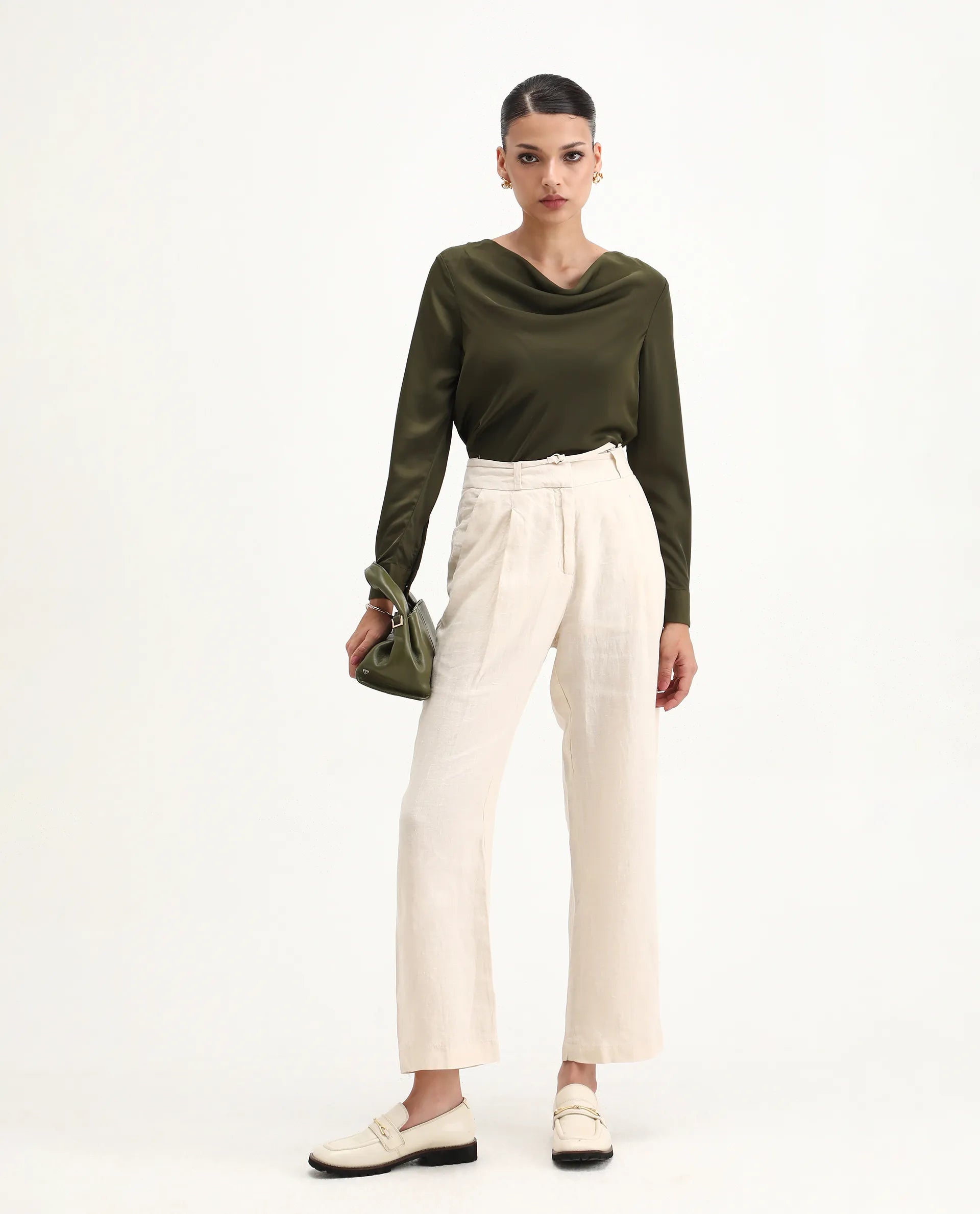 Rareism Women's Avier Olive Polyester Cowl Neck Regular Fit Plain Top