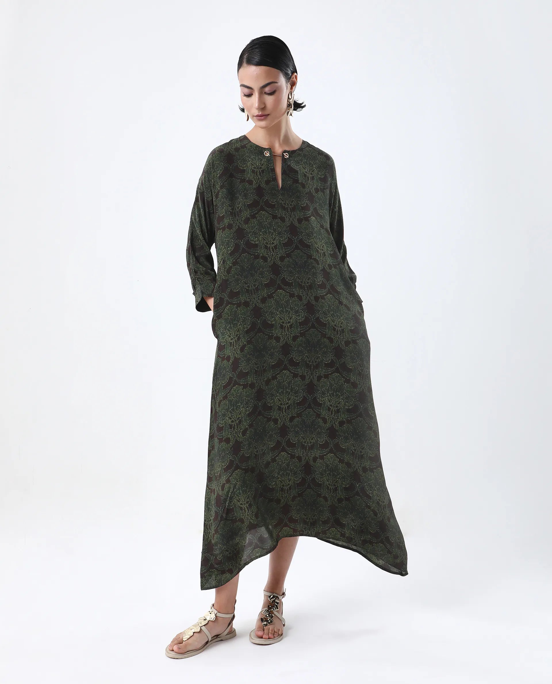 Rareism Women's Avika Green Viscose Round Neck Relaxed Fit Dress