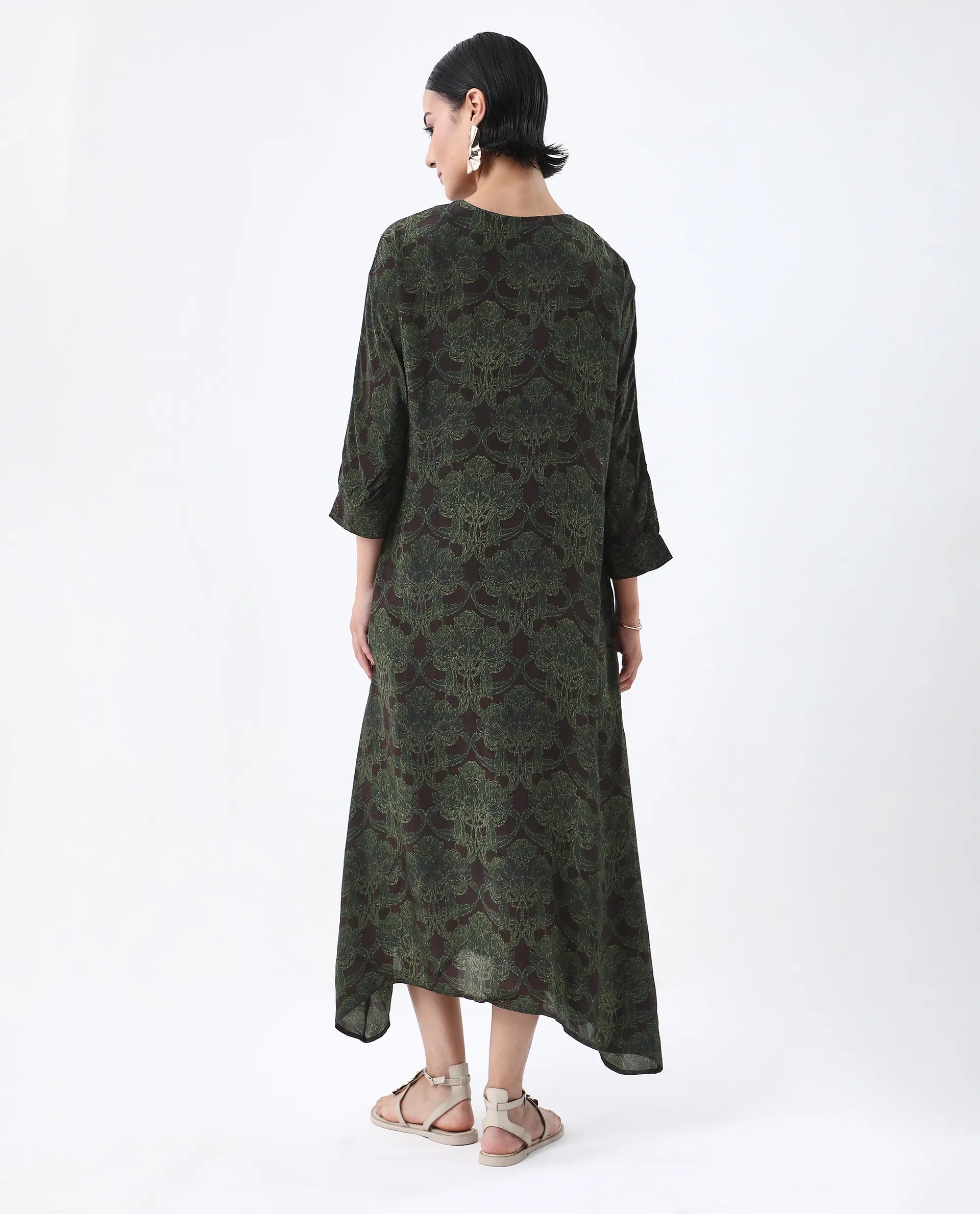 Rareism Women's Avika Green Viscose Round Neck Relaxed Fit Dress