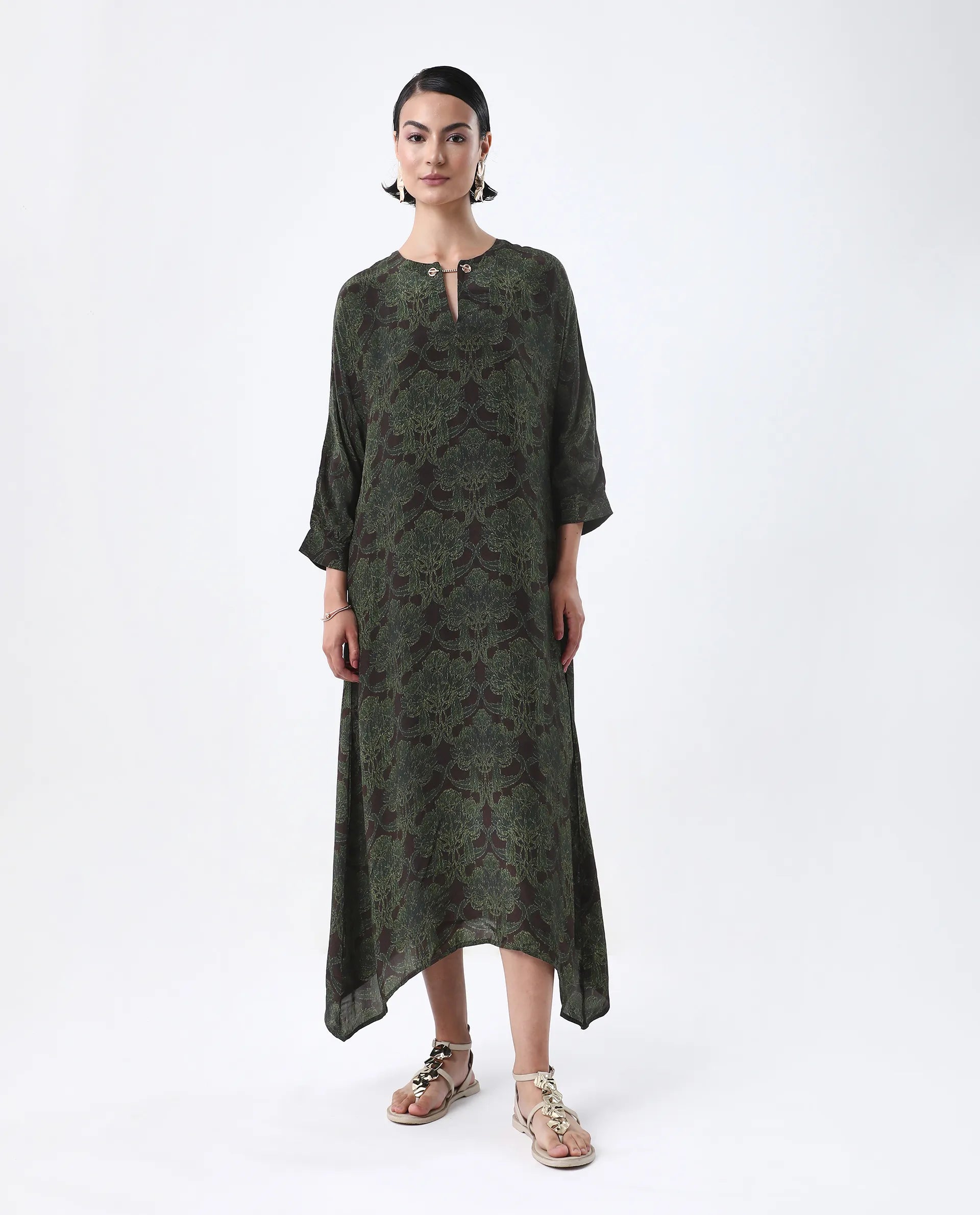 Rareism Women's Avika Green Viscose Round Neck Relaxed Fit Dress