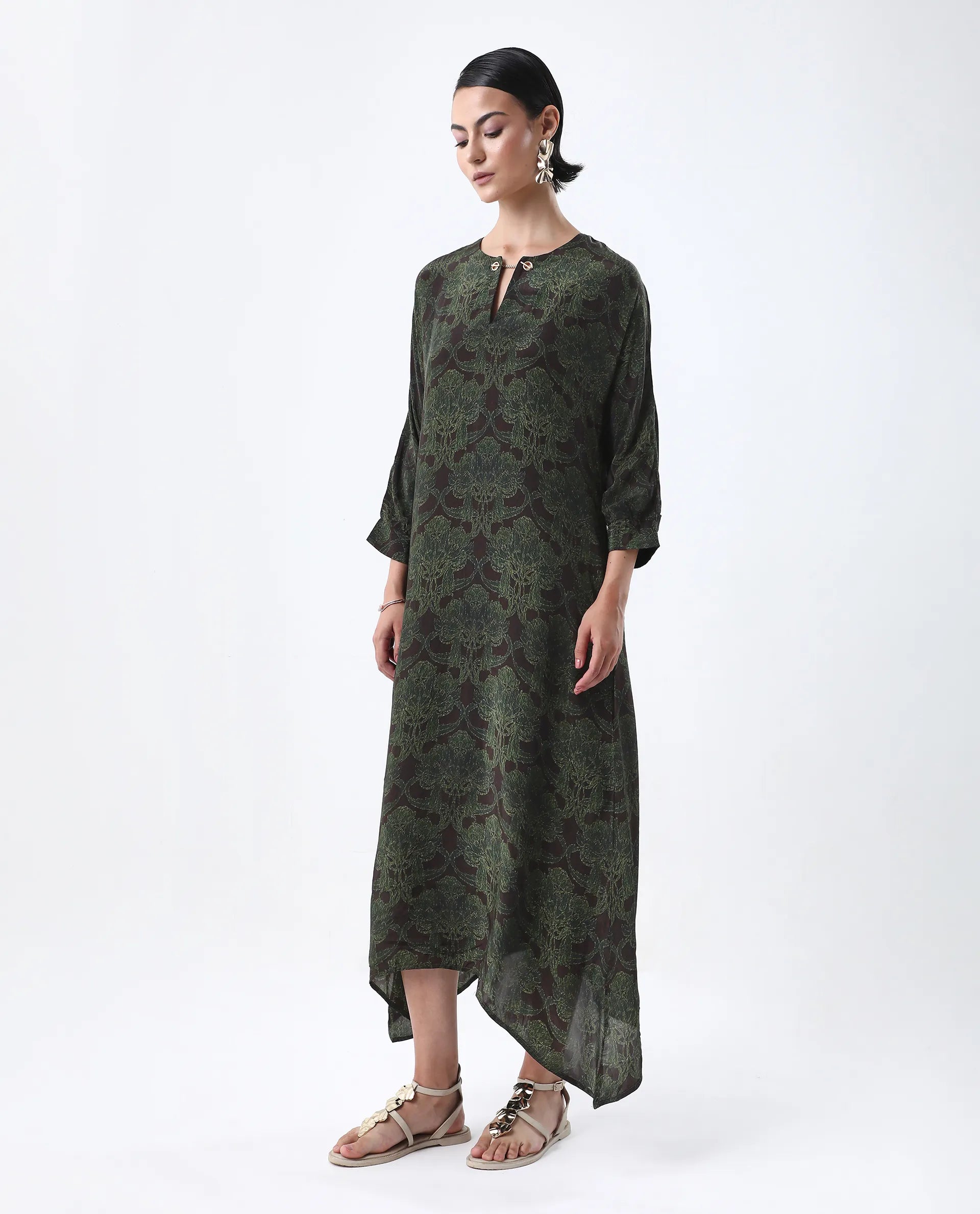 Rareism Women's Avika Green Viscose Round Neck Relaxed Fit Dress