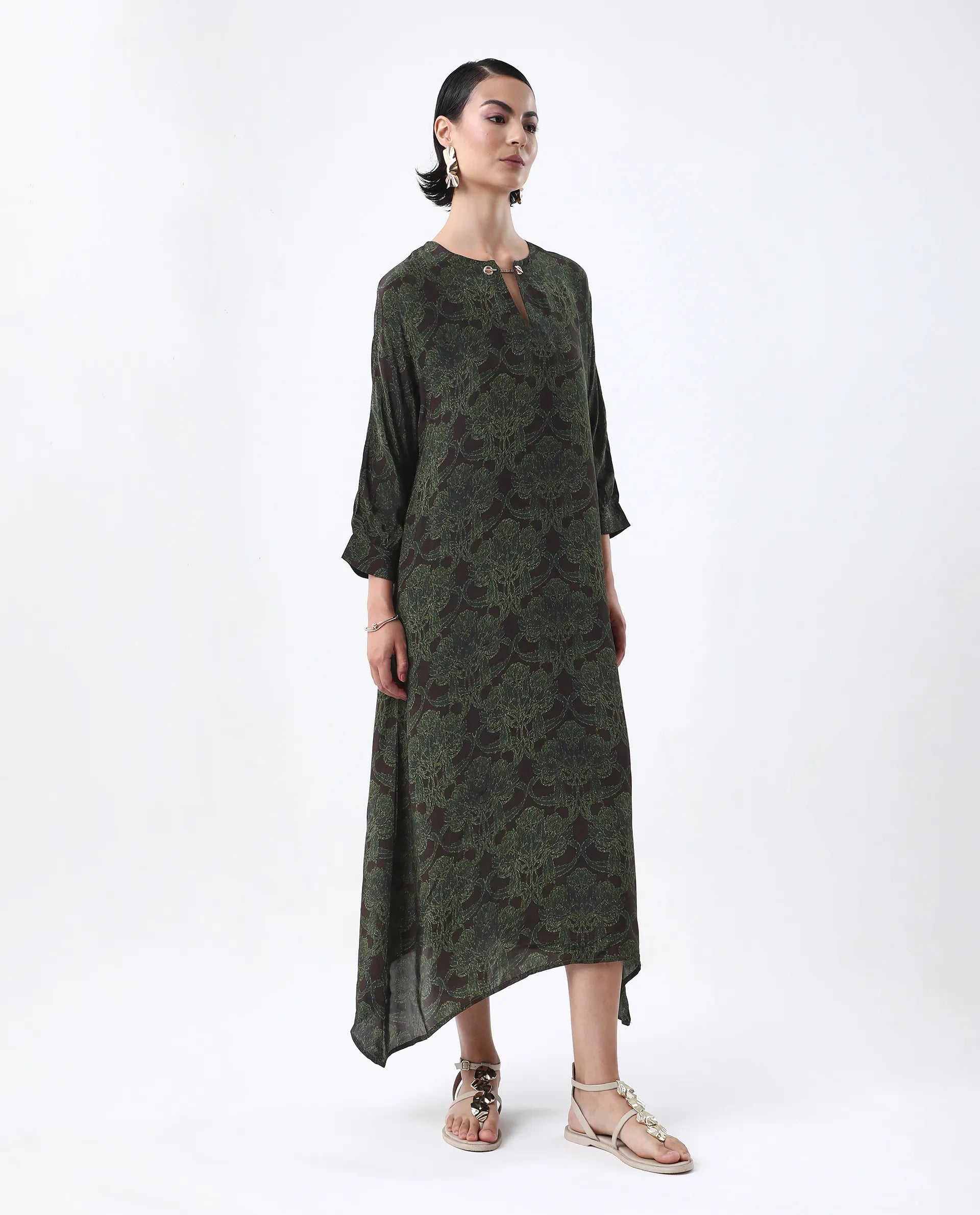 Rareism Women's Avika Green Viscose Round Neck Relaxed Fit Dress