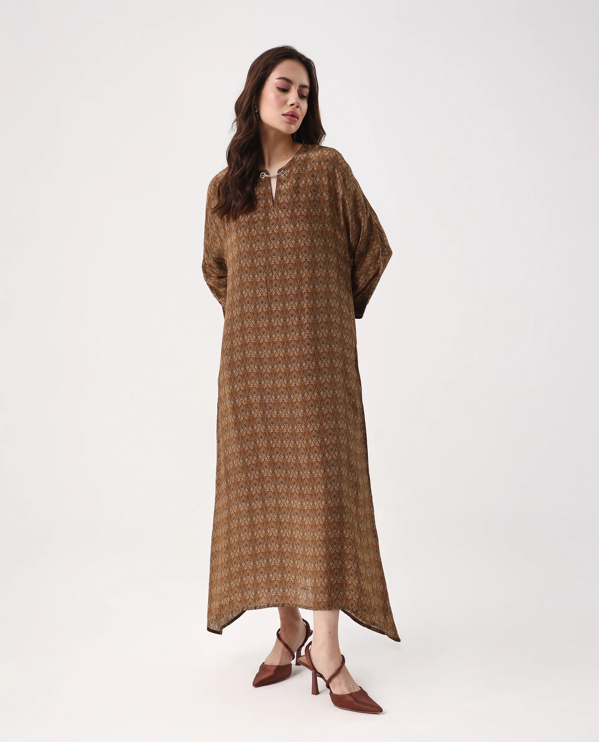 Rareism Women's Avikan Mustard Viscose Crew Neck Relaxed Fit Dress