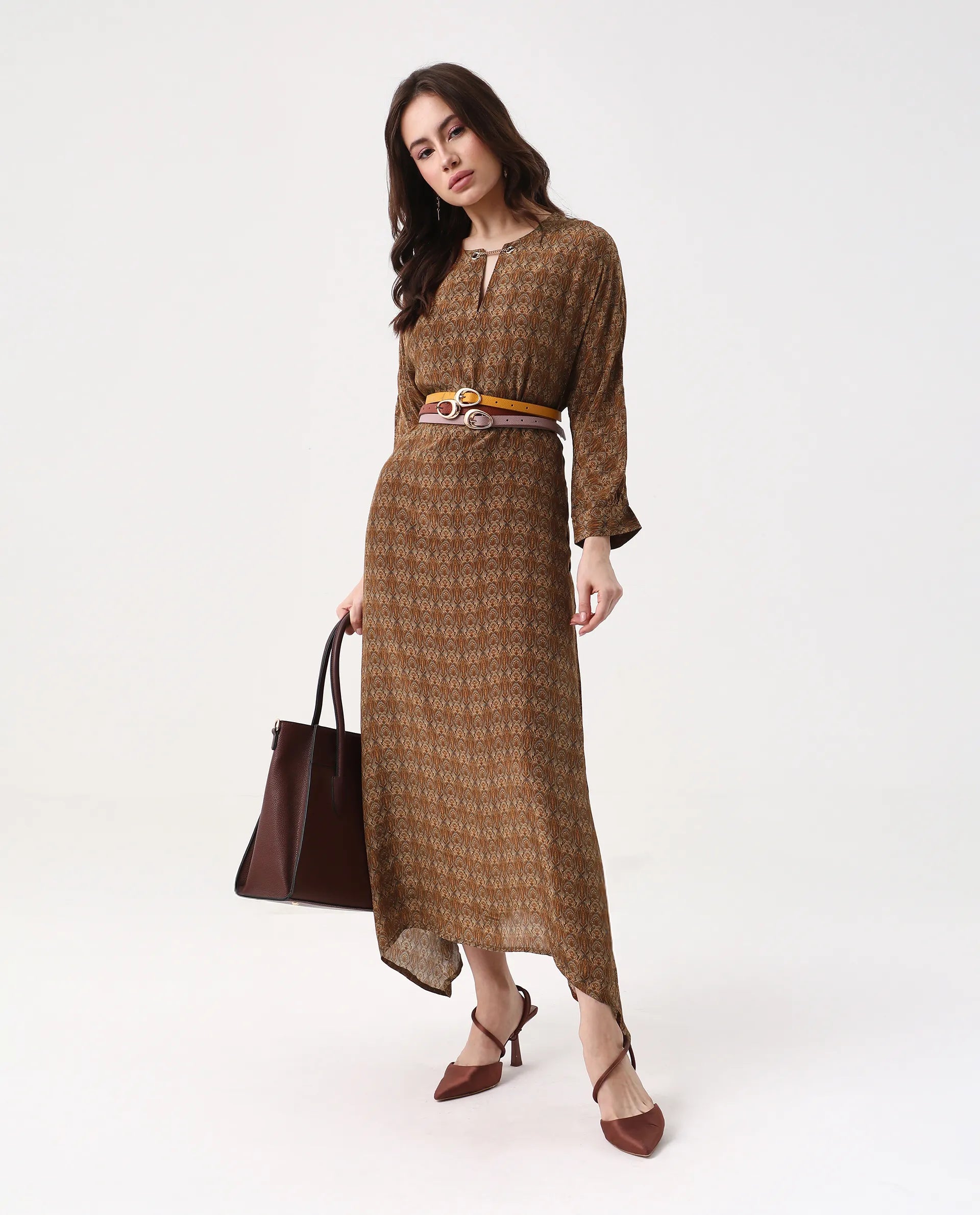 Rareism Women's Avikan Mustard Viscose Crew Neck Relaxed Fit Dress