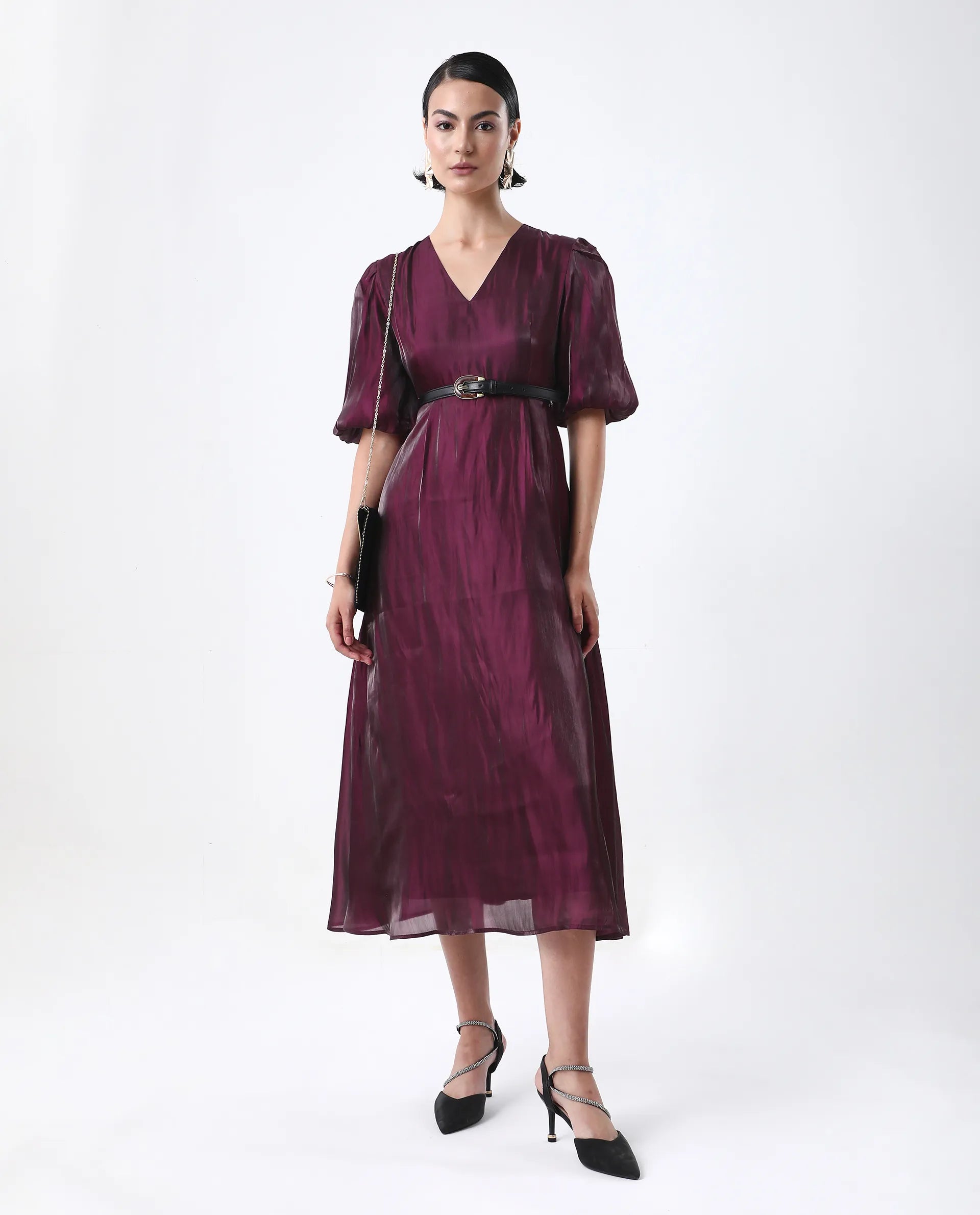 Rareism Women's Avilia Maroon Polyester Round Neck Fit And Flare Plain Midi Dress
