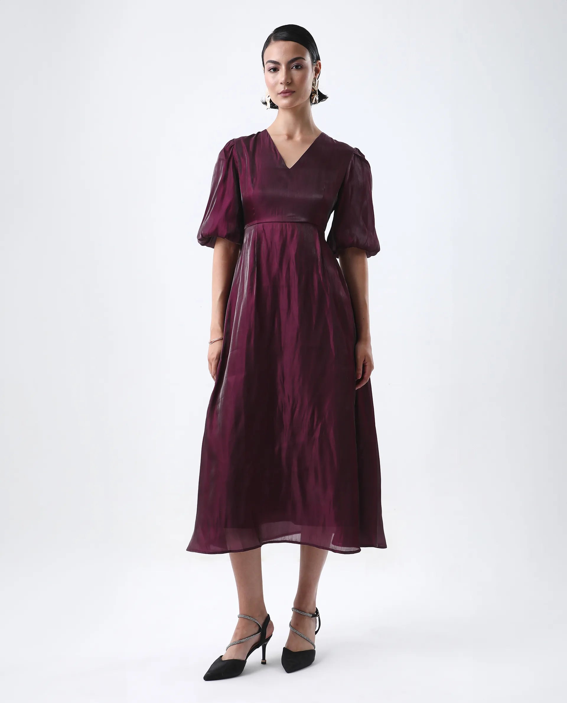 Rareism Women's Avilia Maroon Polyester Round Neck Fit And Flare Plain Midi Dress