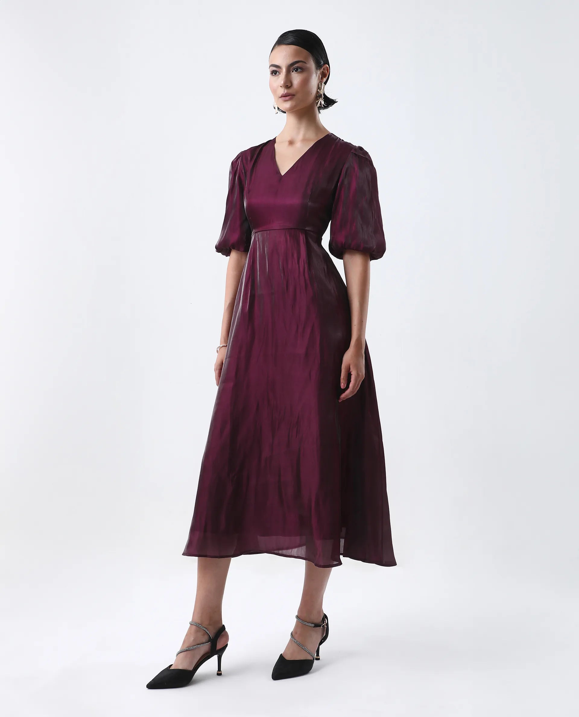 Rareism Women's Avilia Maroon Polyester Round Neck Fit And Flare Plain Midi Dress
