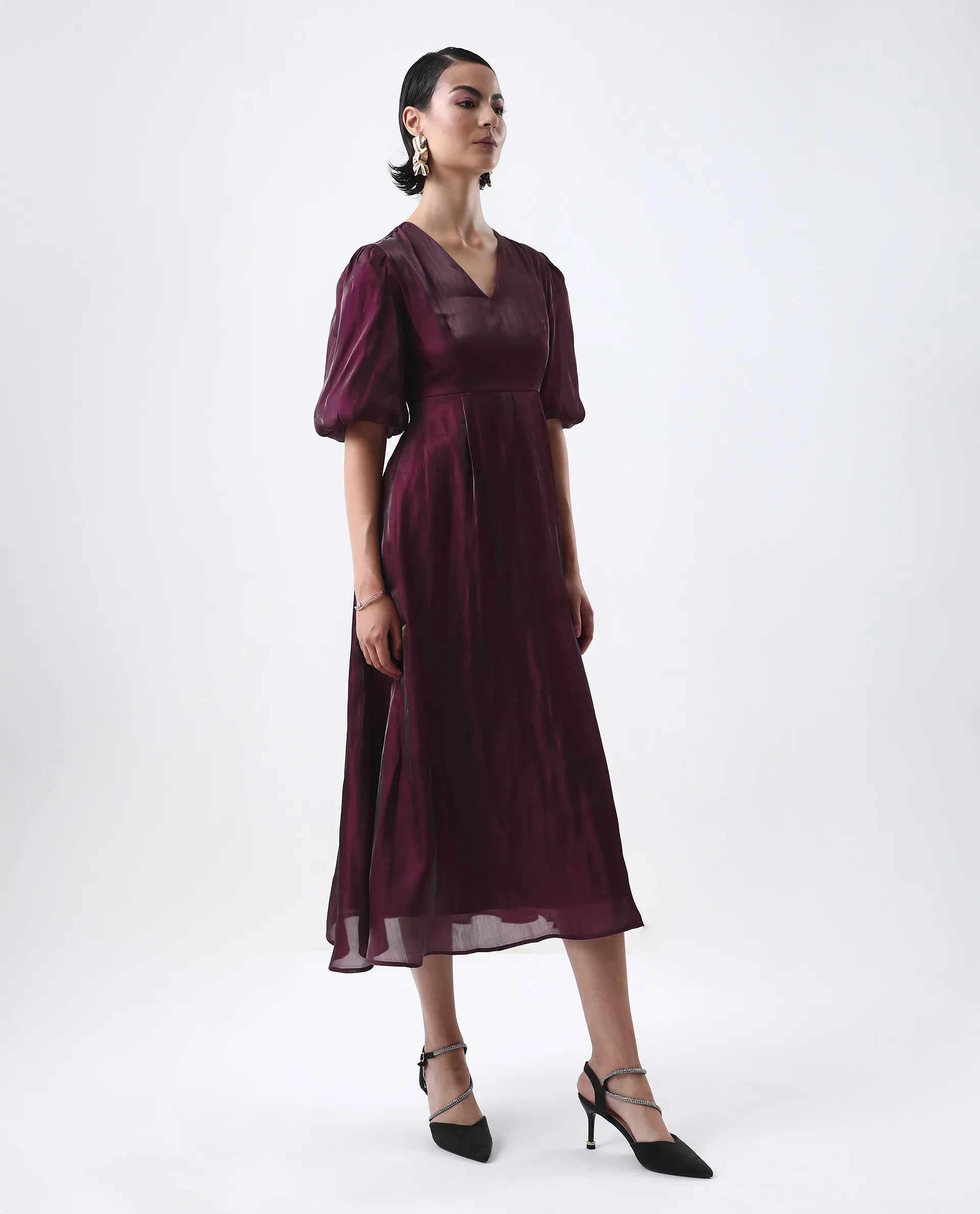 Rareism Women's Avilia Maroon Polyester Round Neck Fit And Flare Plain Midi Dress