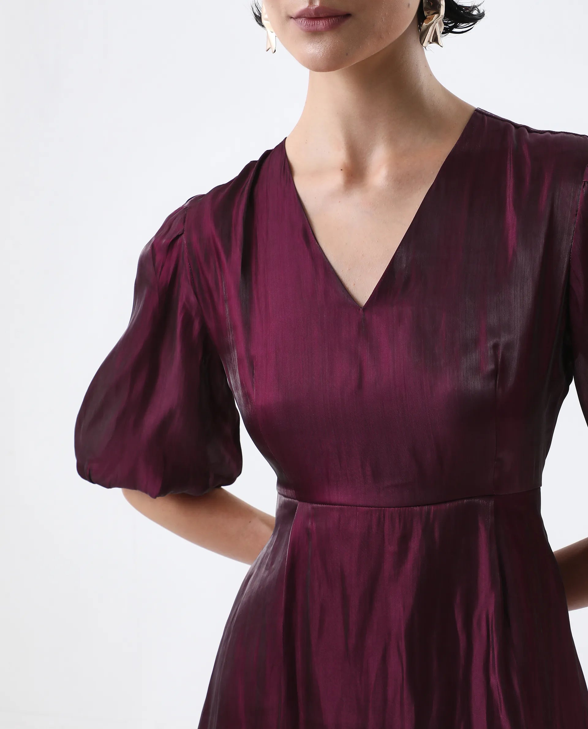 Rareism Women's Avilia Maroon Polyester Round Neck Fit And Flare Plain Midi Dress