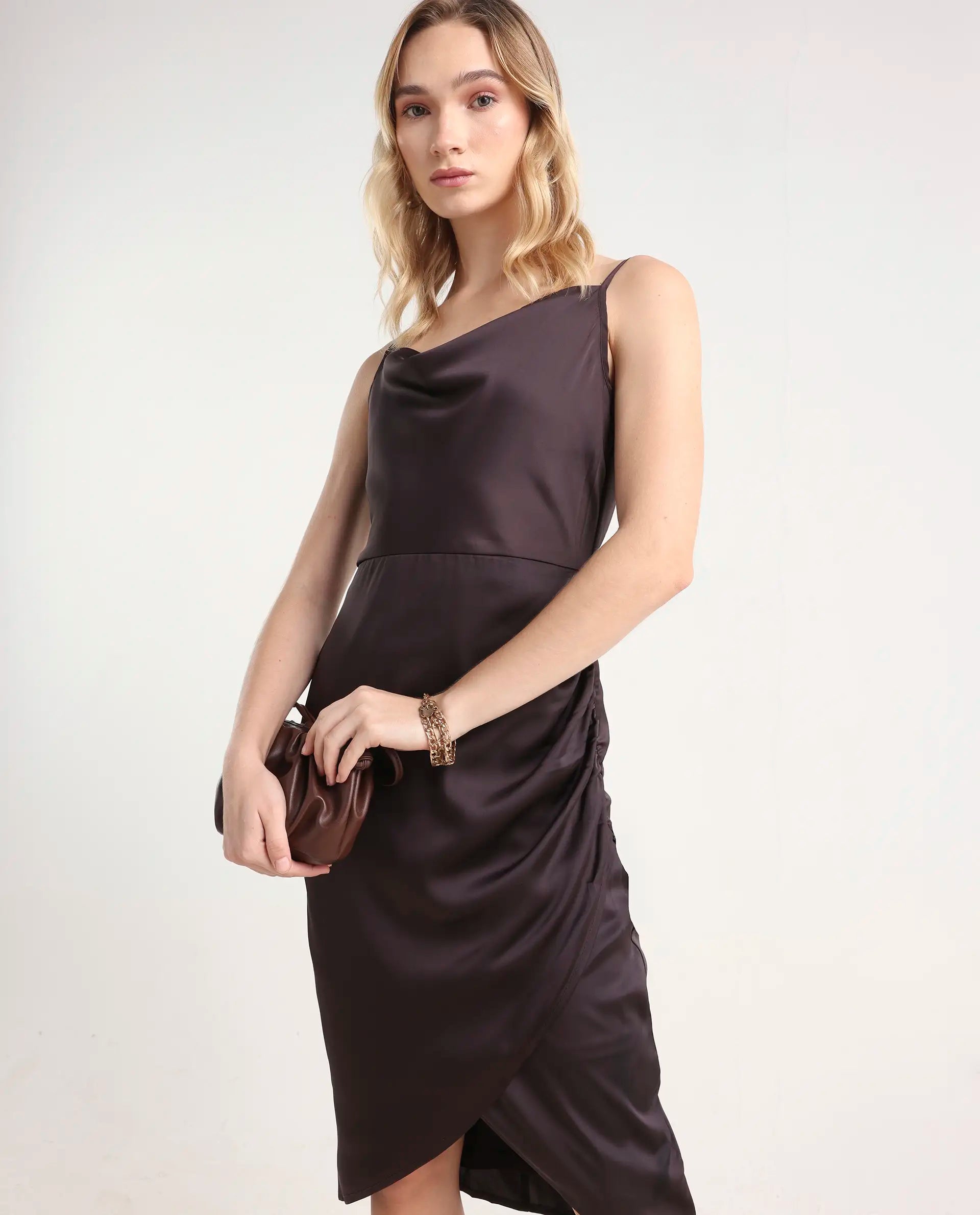 Rareism Women's Avilim Brown Polyester Fitted Mini Dress