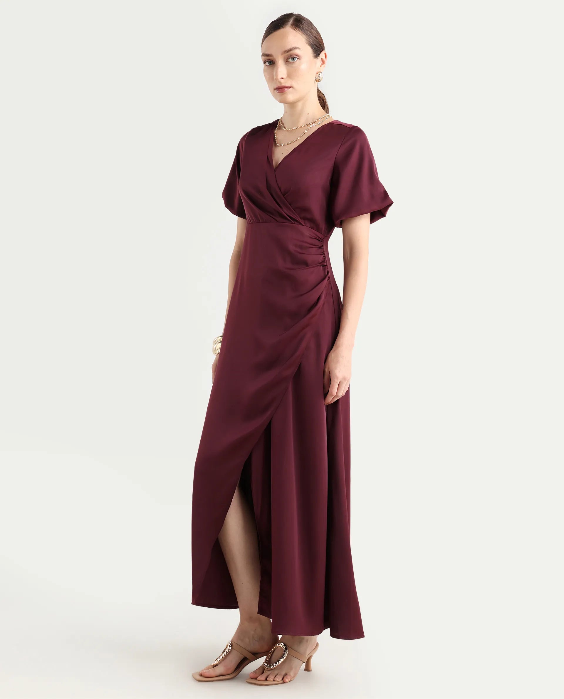 Rareism Women Avilya Maroon Wrap Neck Zipper Fit And Flare Maxi Plain Dress