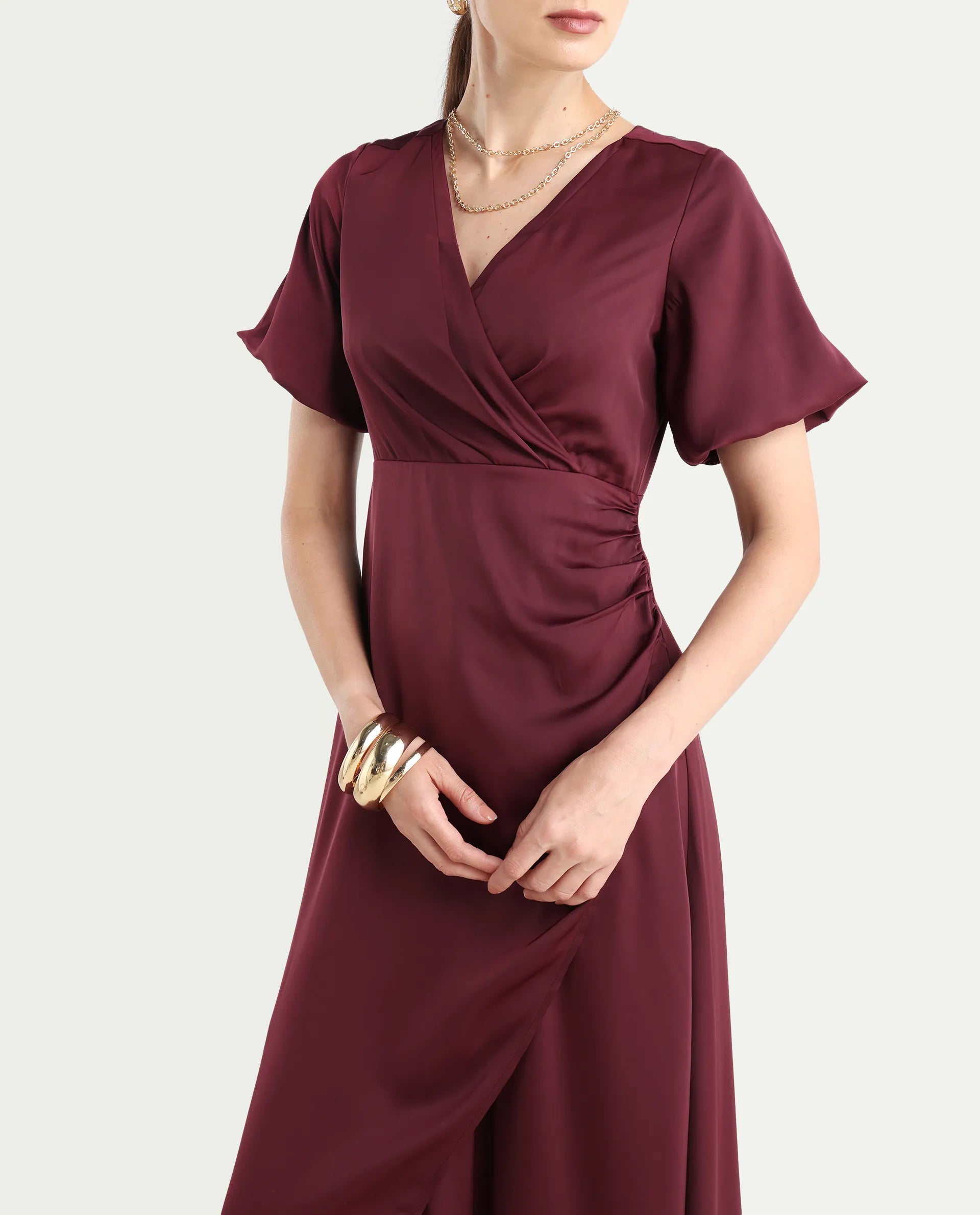 Rareism Women Avilya Maroon Wrap Neck Zipper Fit And Flare Maxi Plain Dress