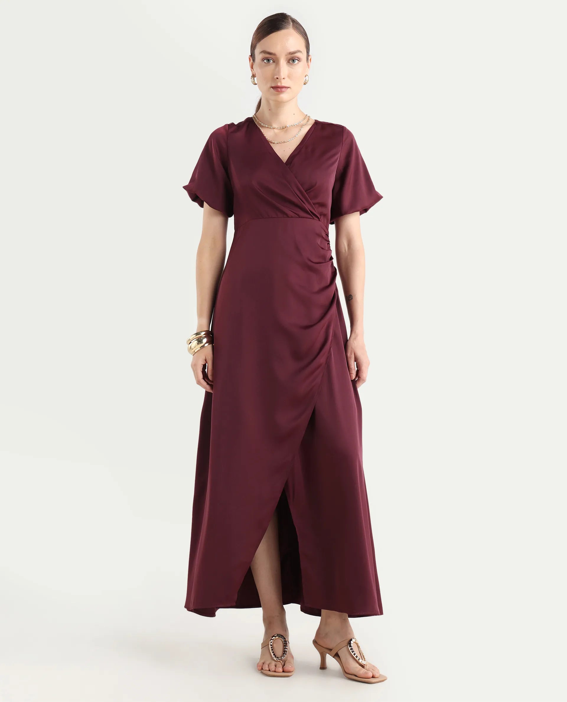 Rareism Women Avilya Maroon Wrap Neck Zipper Fit And Flare Maxi Plain Dress