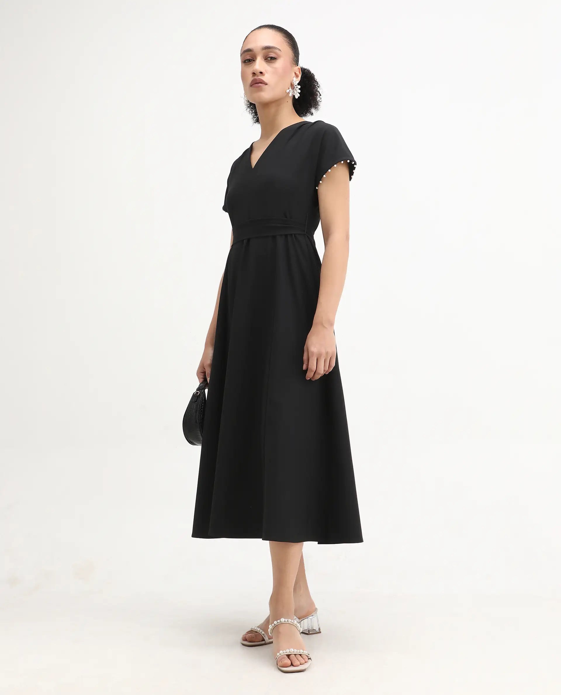 Rareism Women Avim Black V-Neck Zipper Closure Fit And Flare Midi Plain Dress