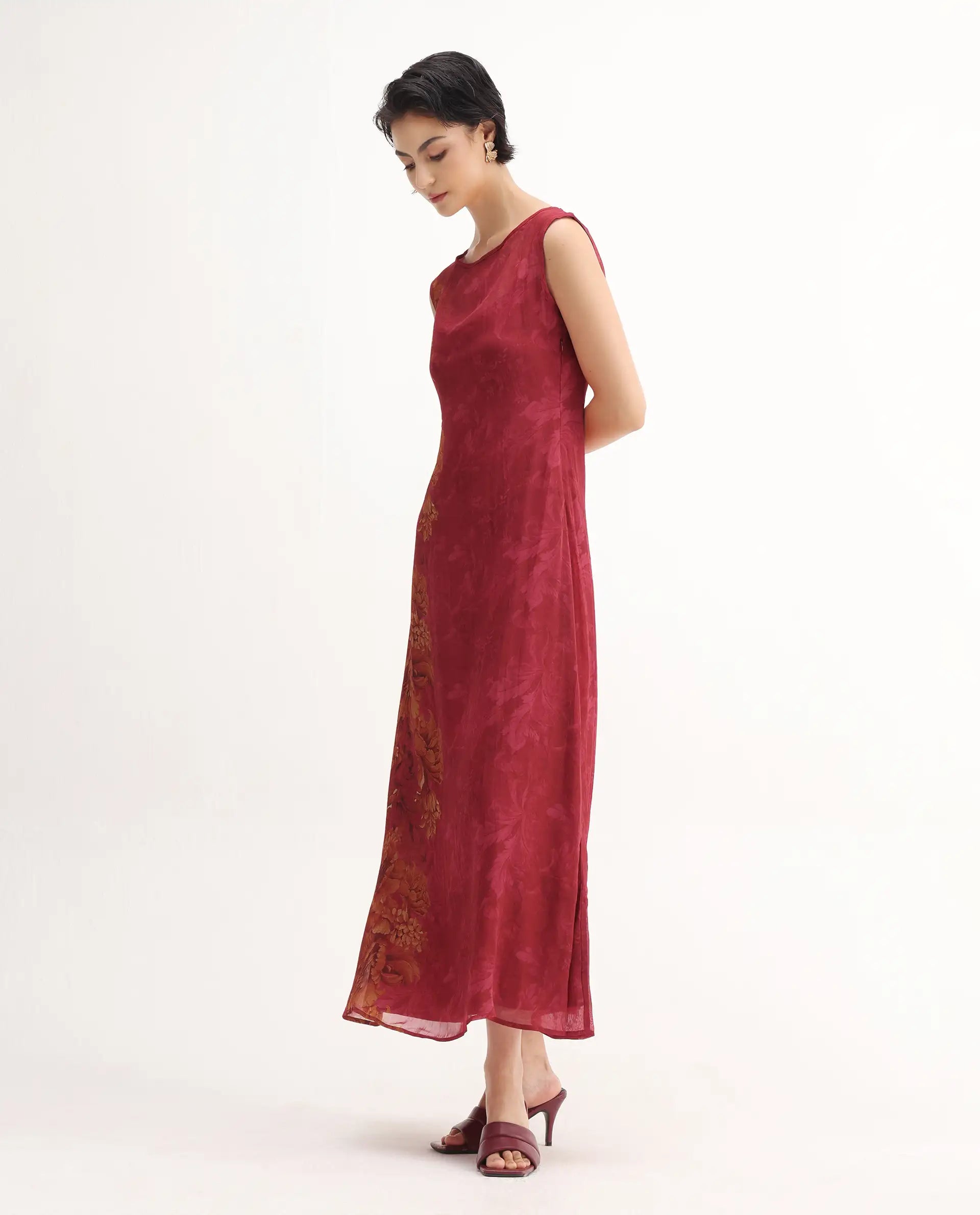 Rareism Women's Avins Pink Viscose Organza Round Neck Fit And Flare Printed Dress