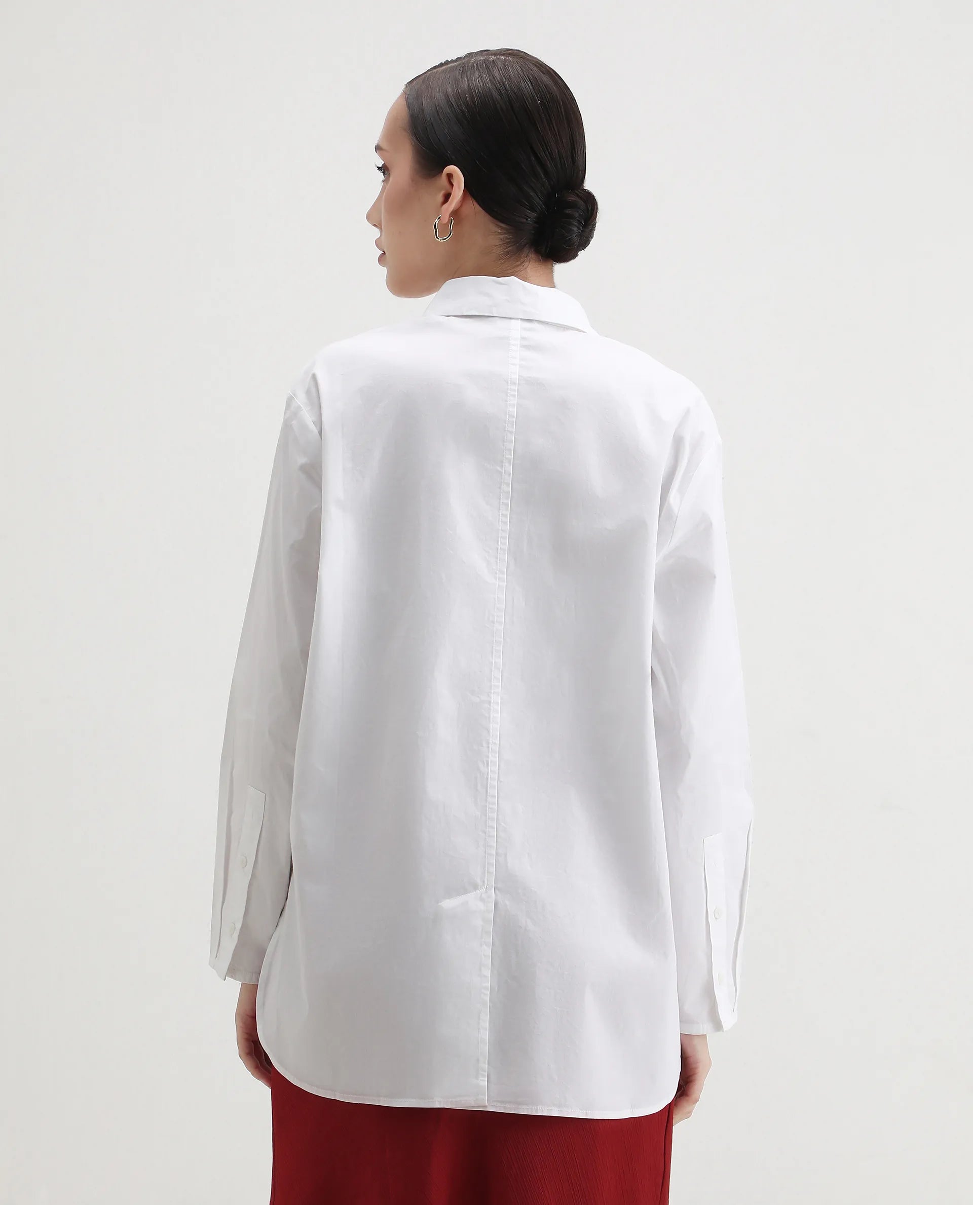 Rareism Women's Avion White Cotton Blend Collared Neck Boxy Fit Shirt