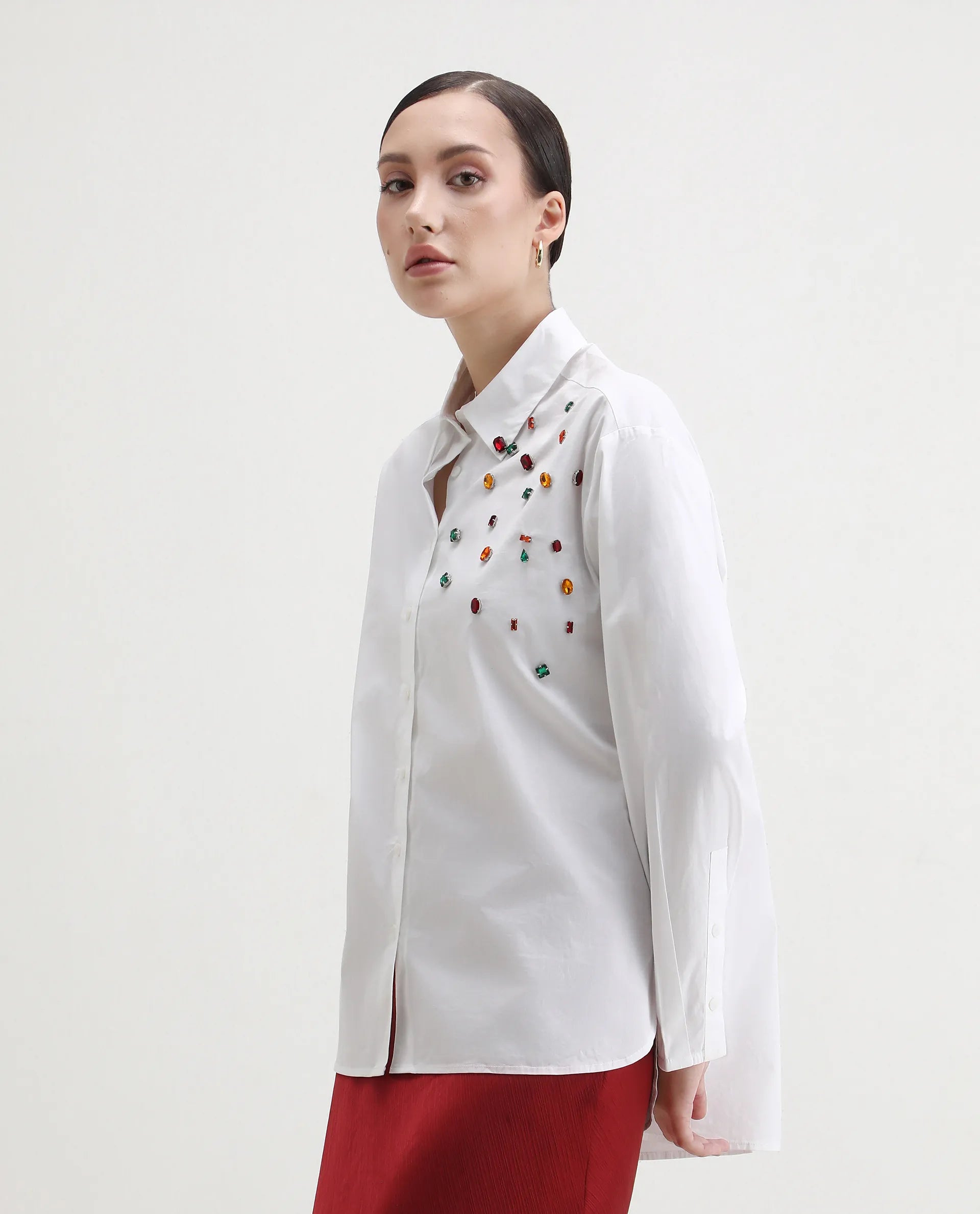 Rareism Women's Avion White Cotton Blend Collared Neck Boxy Fit Shirt