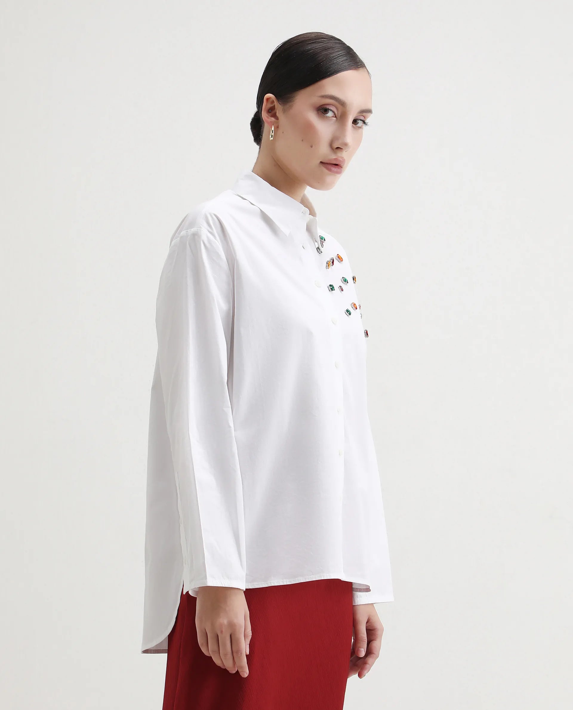 Rareism Women's Avion White Cotton Blend Collared Neck Boxy Fit Shirt