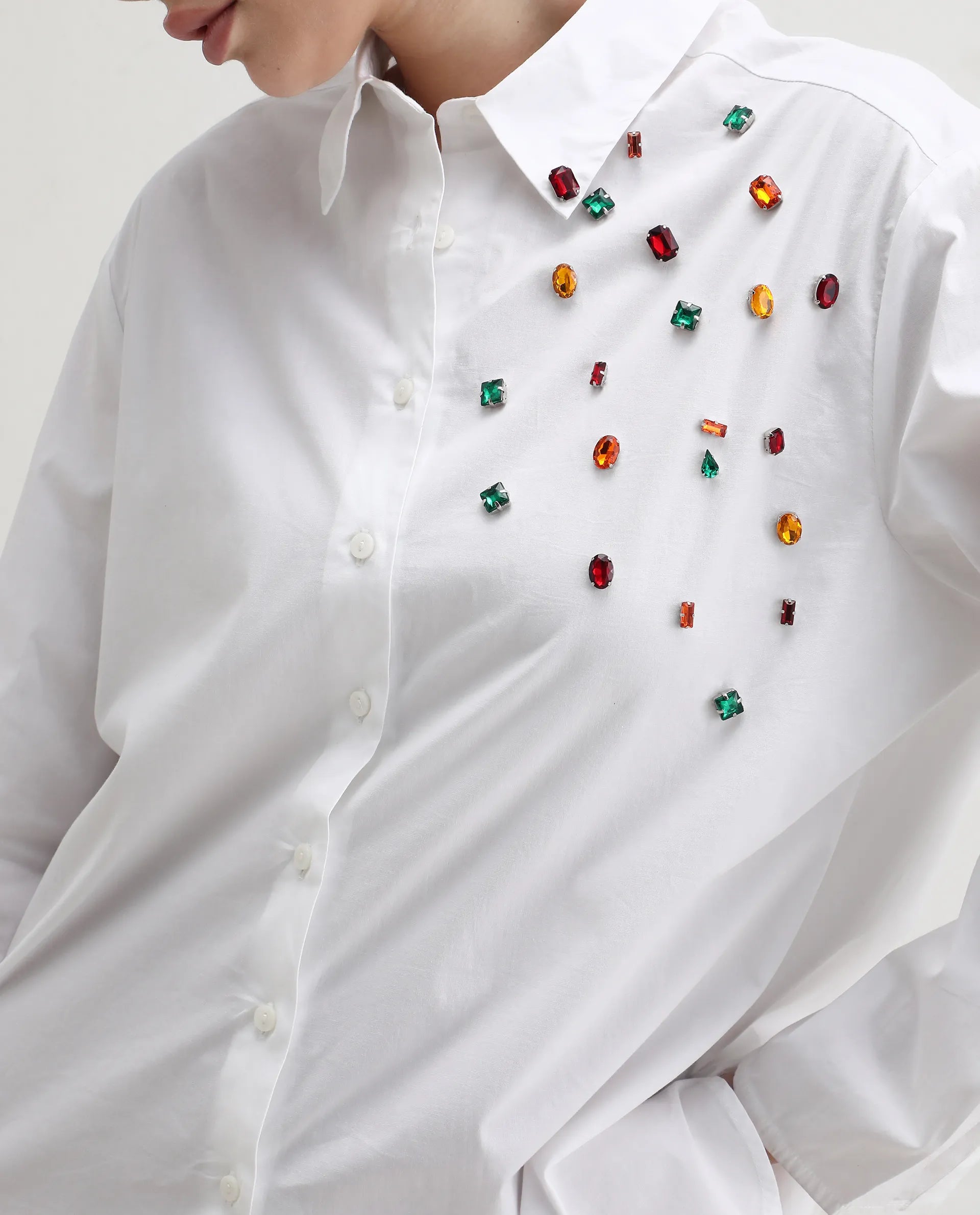 Rareism Women's Avion White Cotton Blend Collared Neck Boxy Fit Shirt