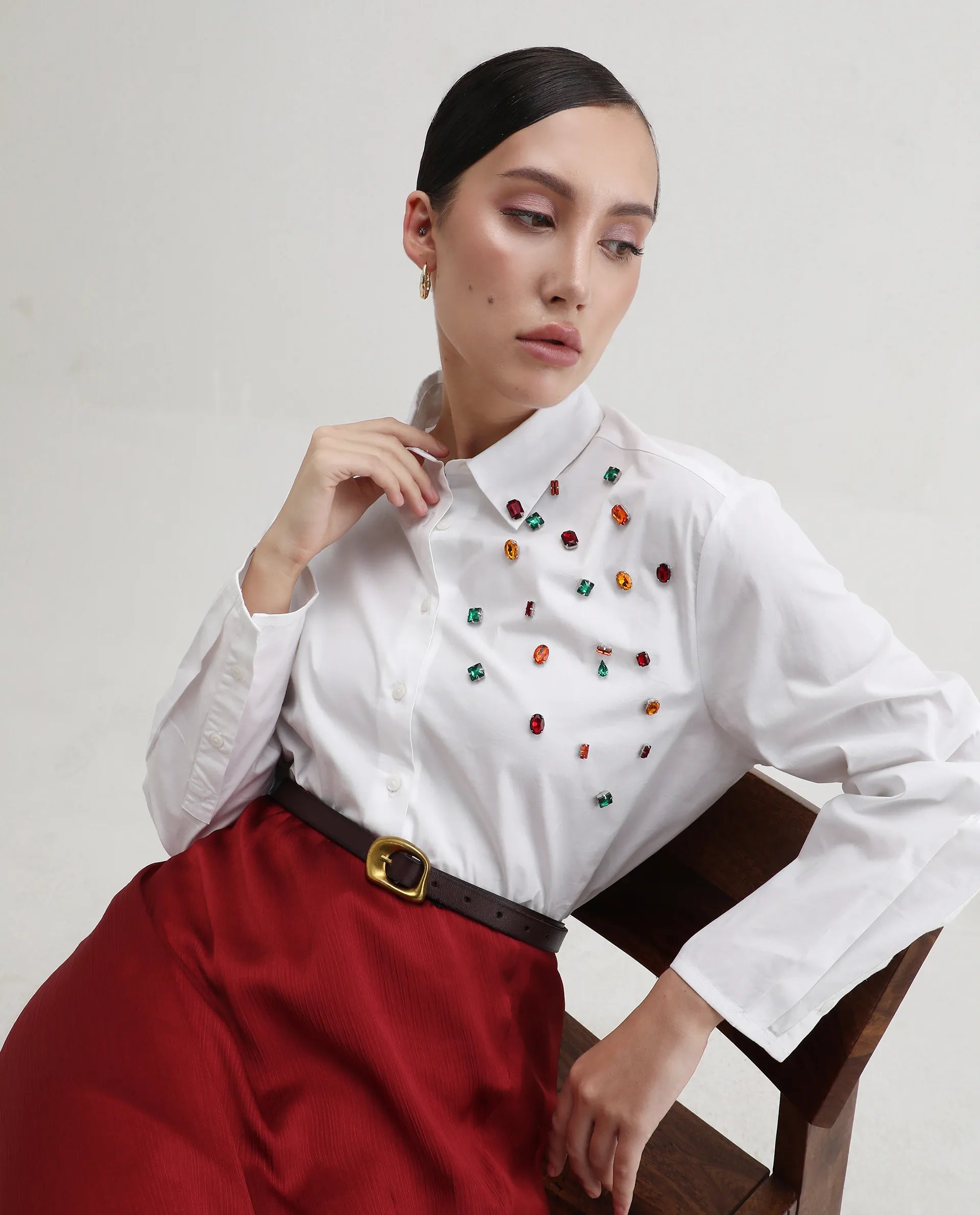 Rareism Women's Avion White Cotton Blend Collared Neck Boxy Fit Shirt