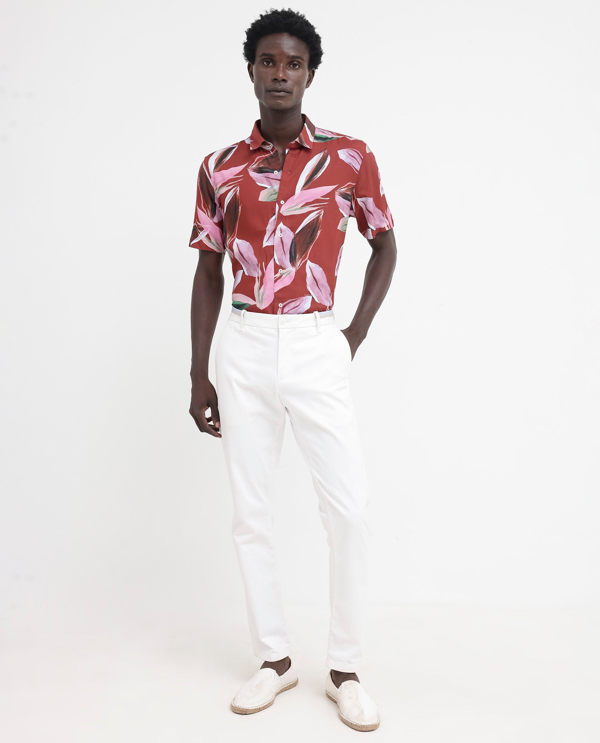 Rare Rabbit Men's Aviot Rust Viscose Fabric Tropical Print Half Sleeves Shirt