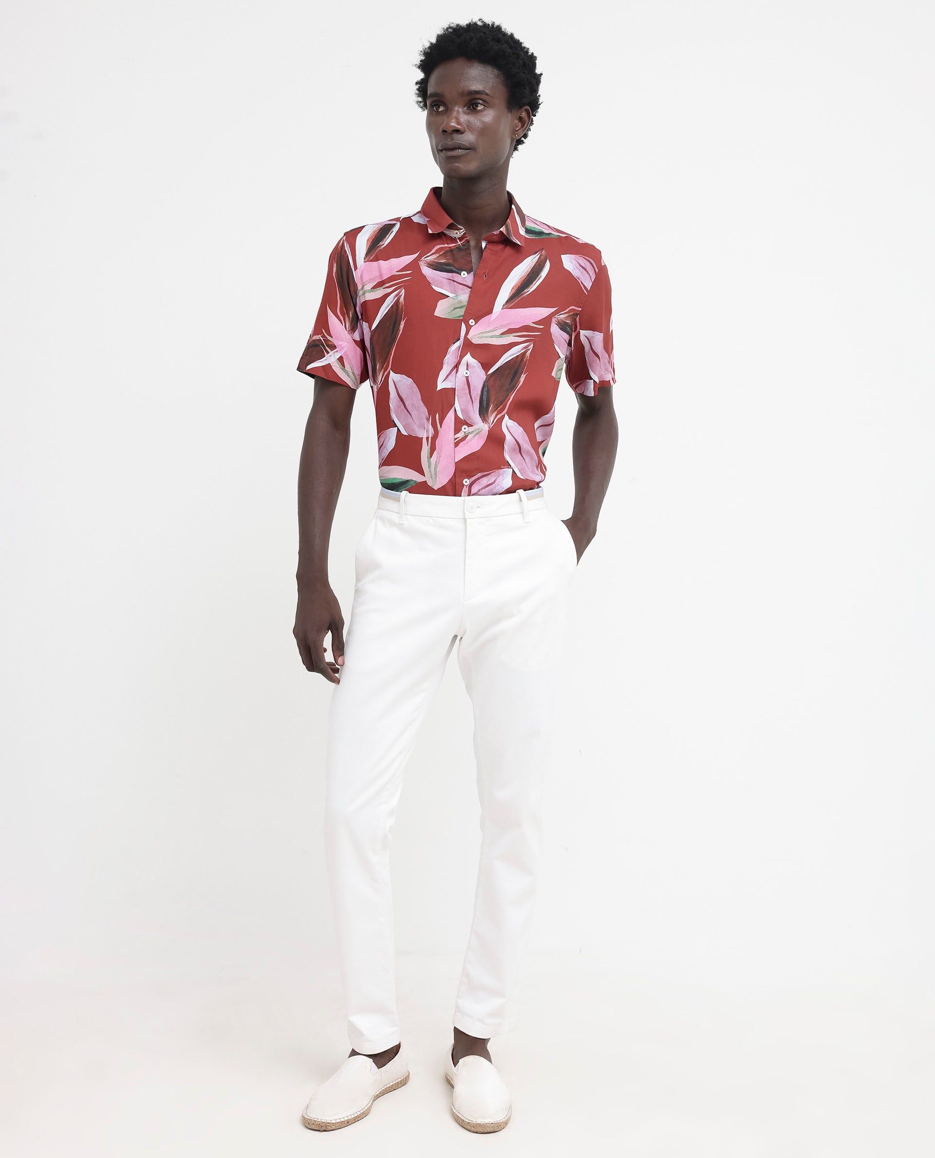 Rare Rabbit Men's Aviot Rust Viscose Fabric Tropical Print Half Sleeves Shirt