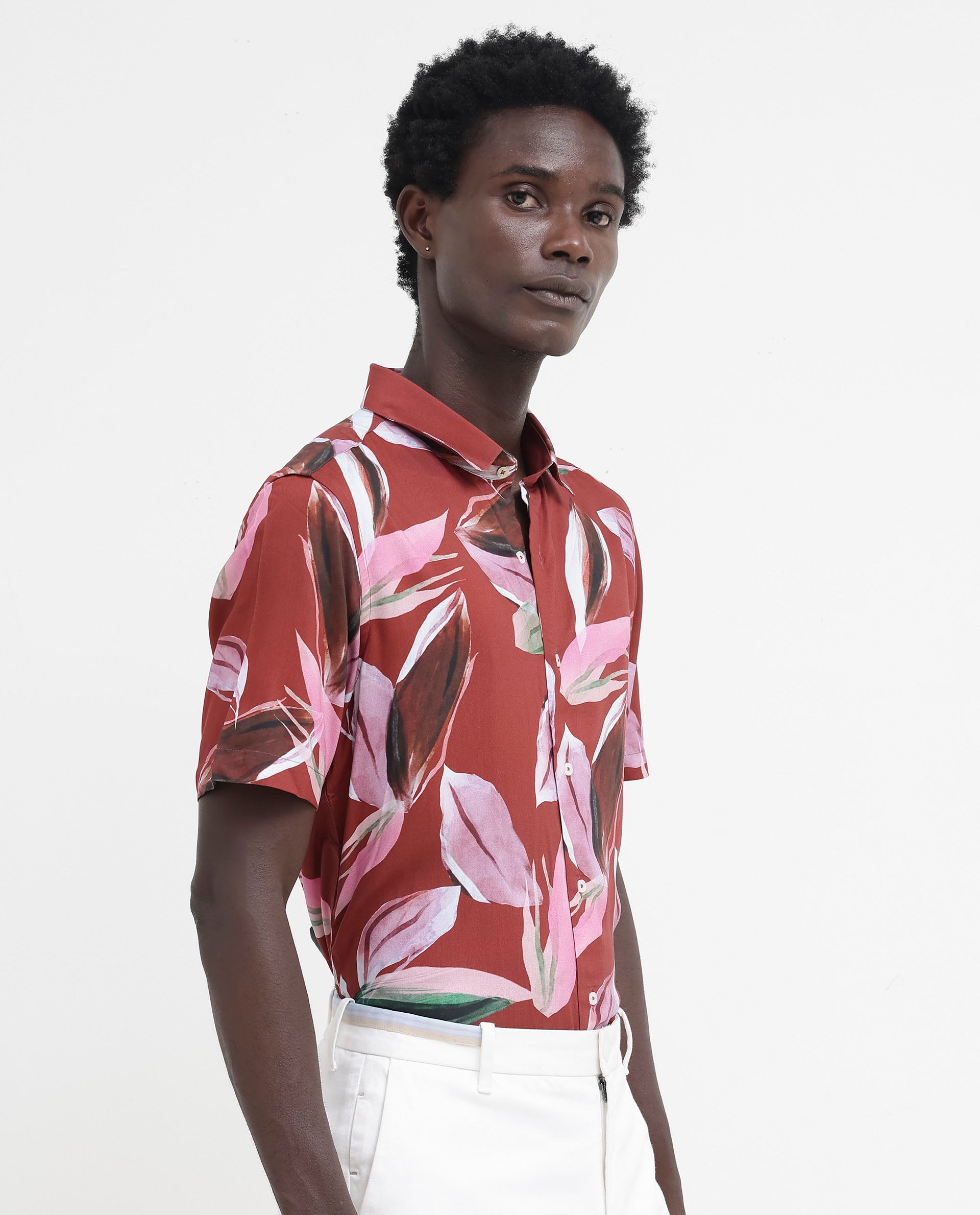 Rare Rabbit Men's Aviot Rust Viscose Fabric Tropical Print Half Sleeves Shirt