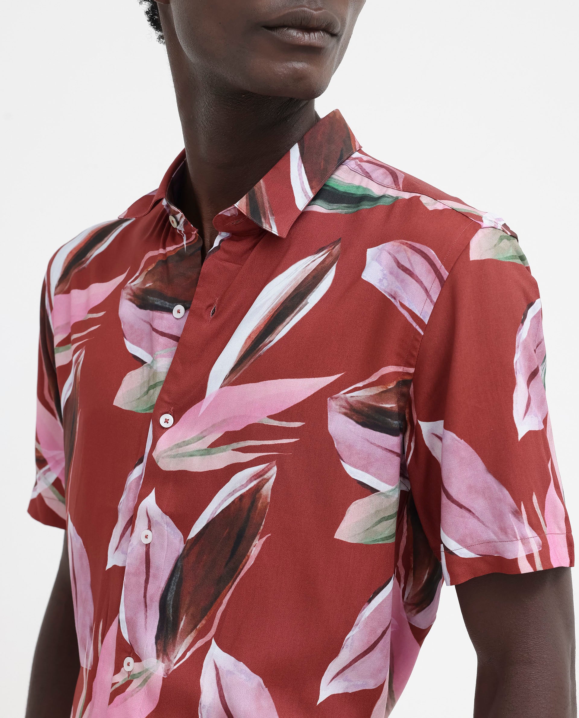 Rare Rabbit Men's Aviot Rust Viscose Fabric Tropical Print Half Sleeves Shirt