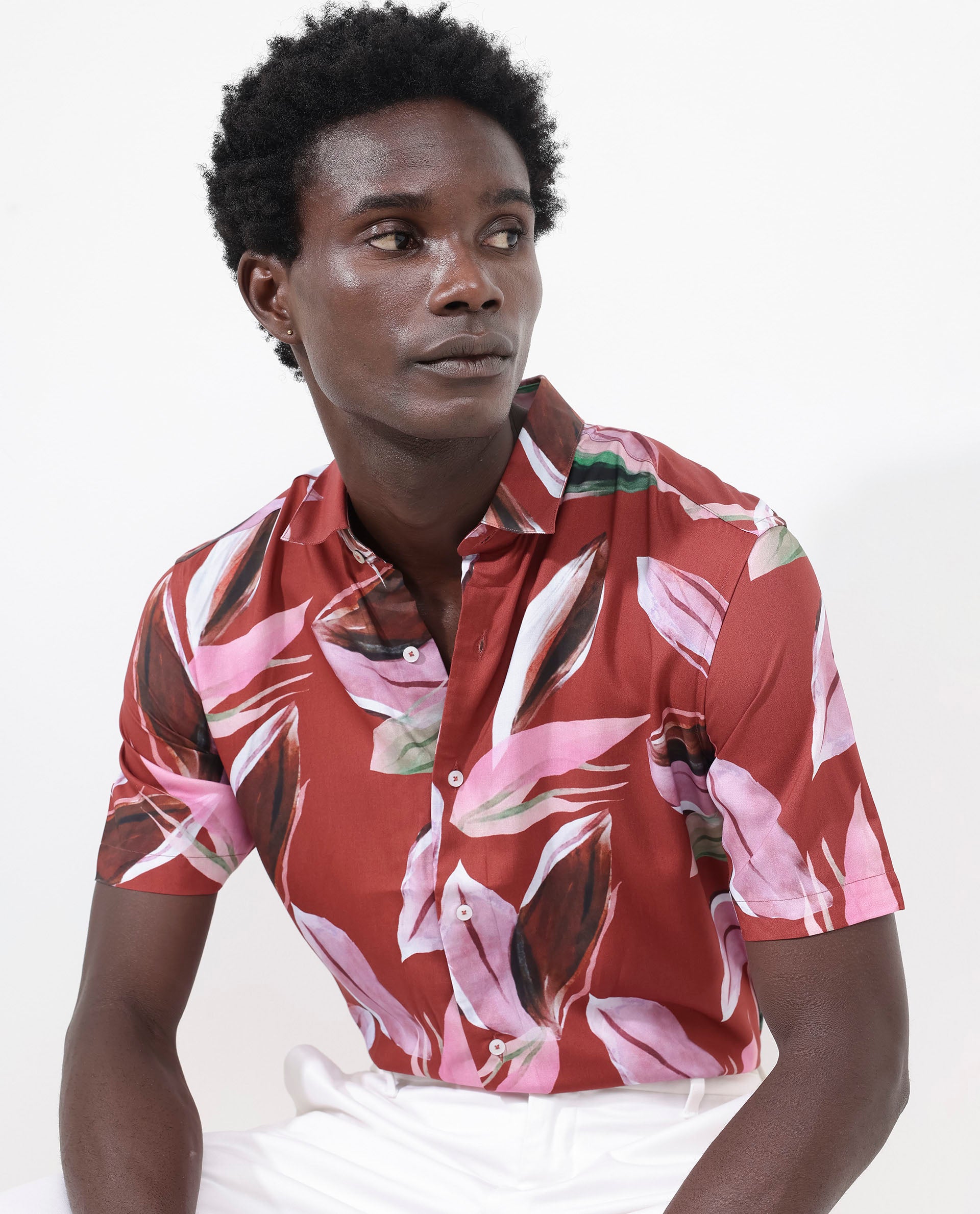 Rare Rabbit Men's Aviot Rust Viscose Fabric Tropical Print Half Sleeves Shirt