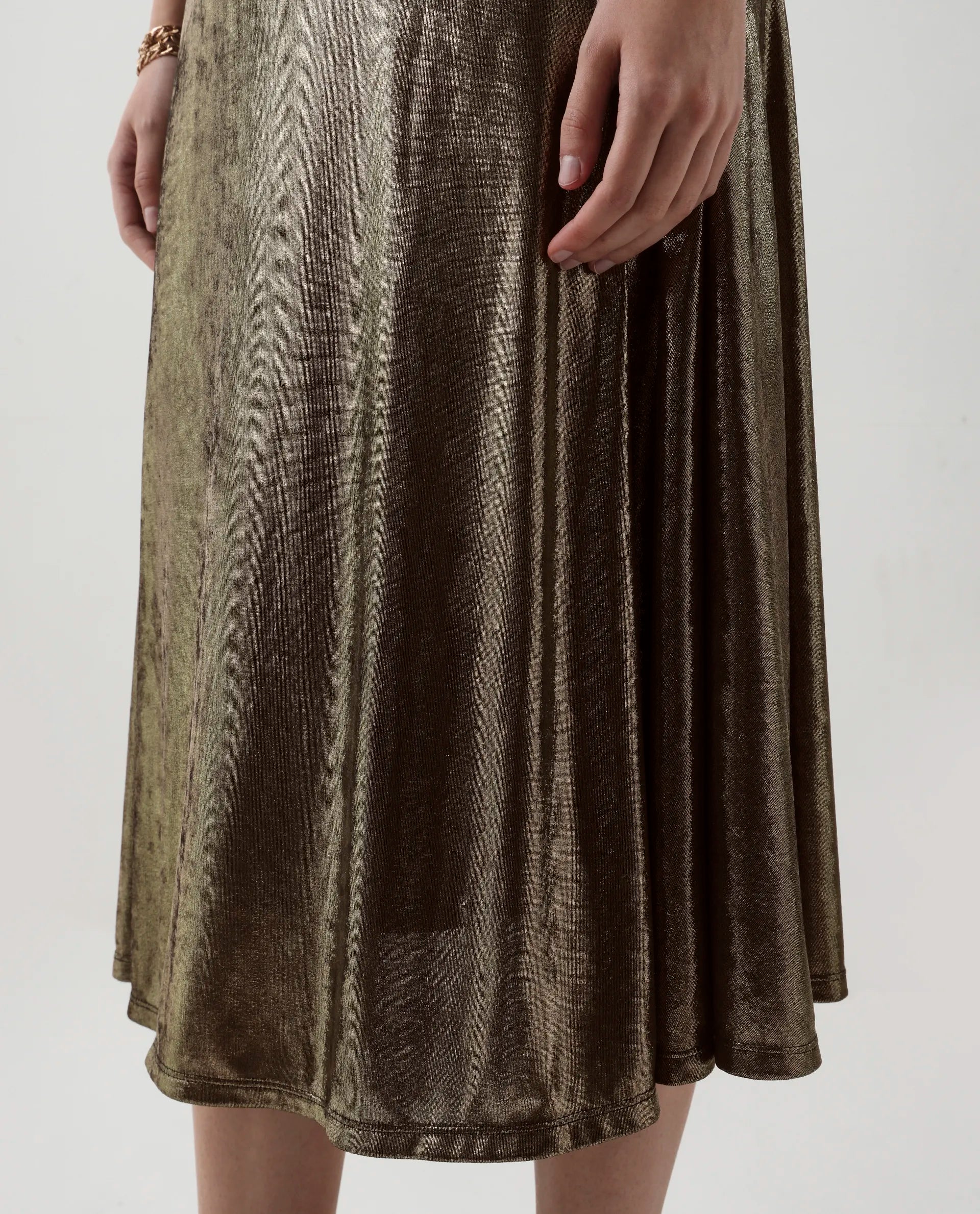 Rareism Women's Avip Gold Polyester One Shoulder Fit And Flare Plain Midi Dress