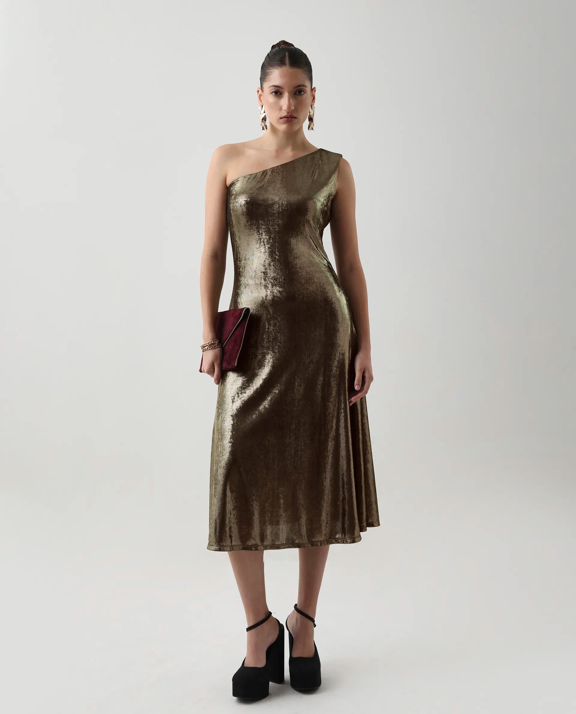 Rareism Women's Avip Gold Polyester One Shoulder Fit And Flare Plain Midi Dress