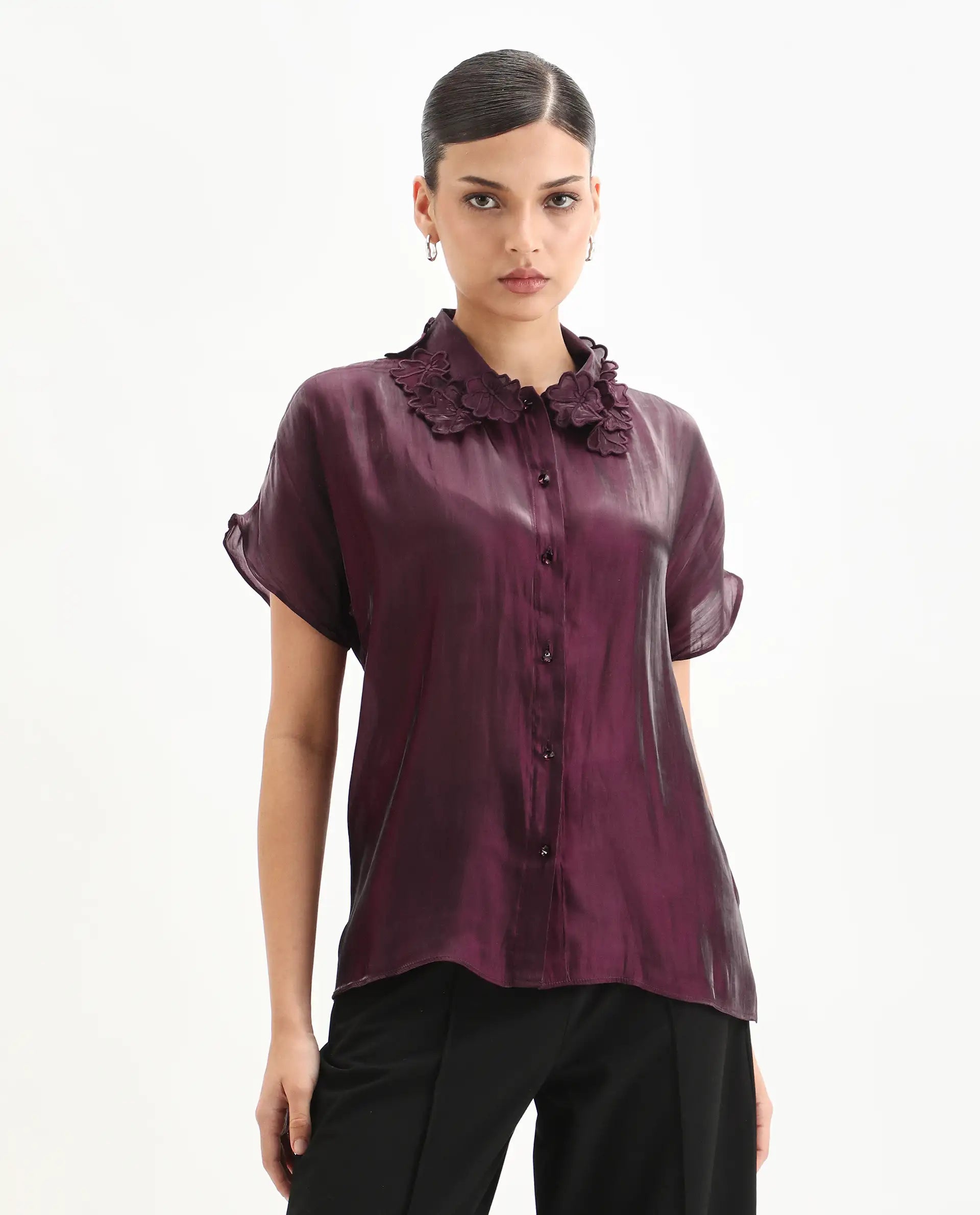 Rareism Women's Avirfa Maroon Polyester Collared Neck Relaxed Fit Shirt