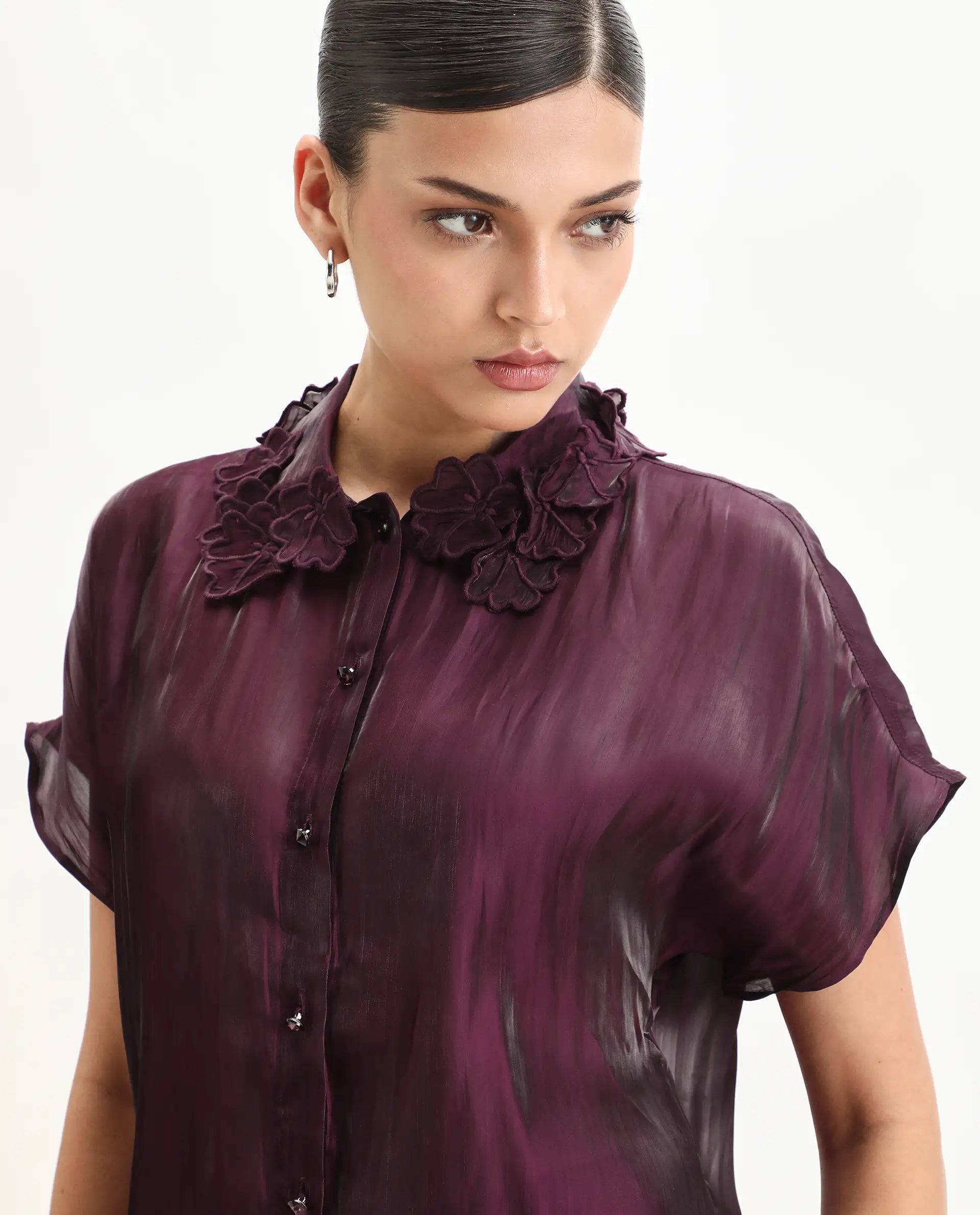 Rareism Women's Avirfa Maroon Polyester Collared Neck Relaxed Fit Shirt
